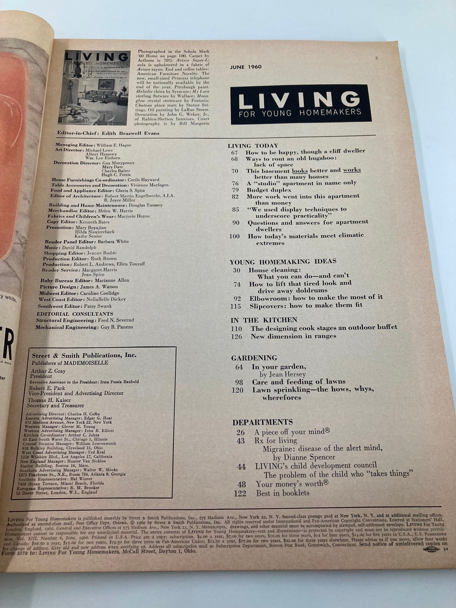 Page from VTG Living for Young Homemakers Magazine June 1960 showcasing contents and articles including lawn sprinkling, gardening tips, and homemaking ideas.