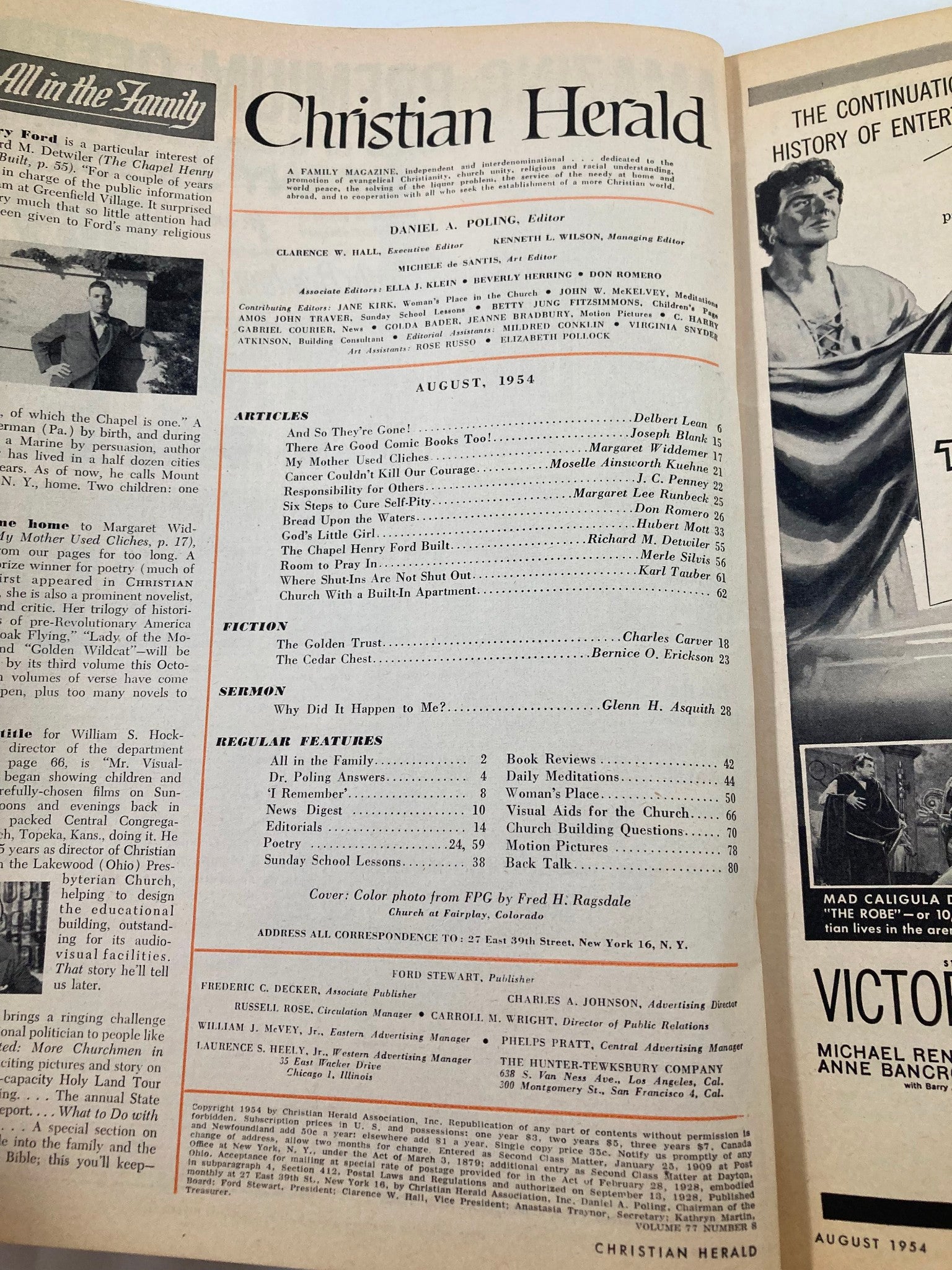 Interior page of the VTG Christian Herald Magazine August 1954, listing articles and features from that issue, including insights into family and community.