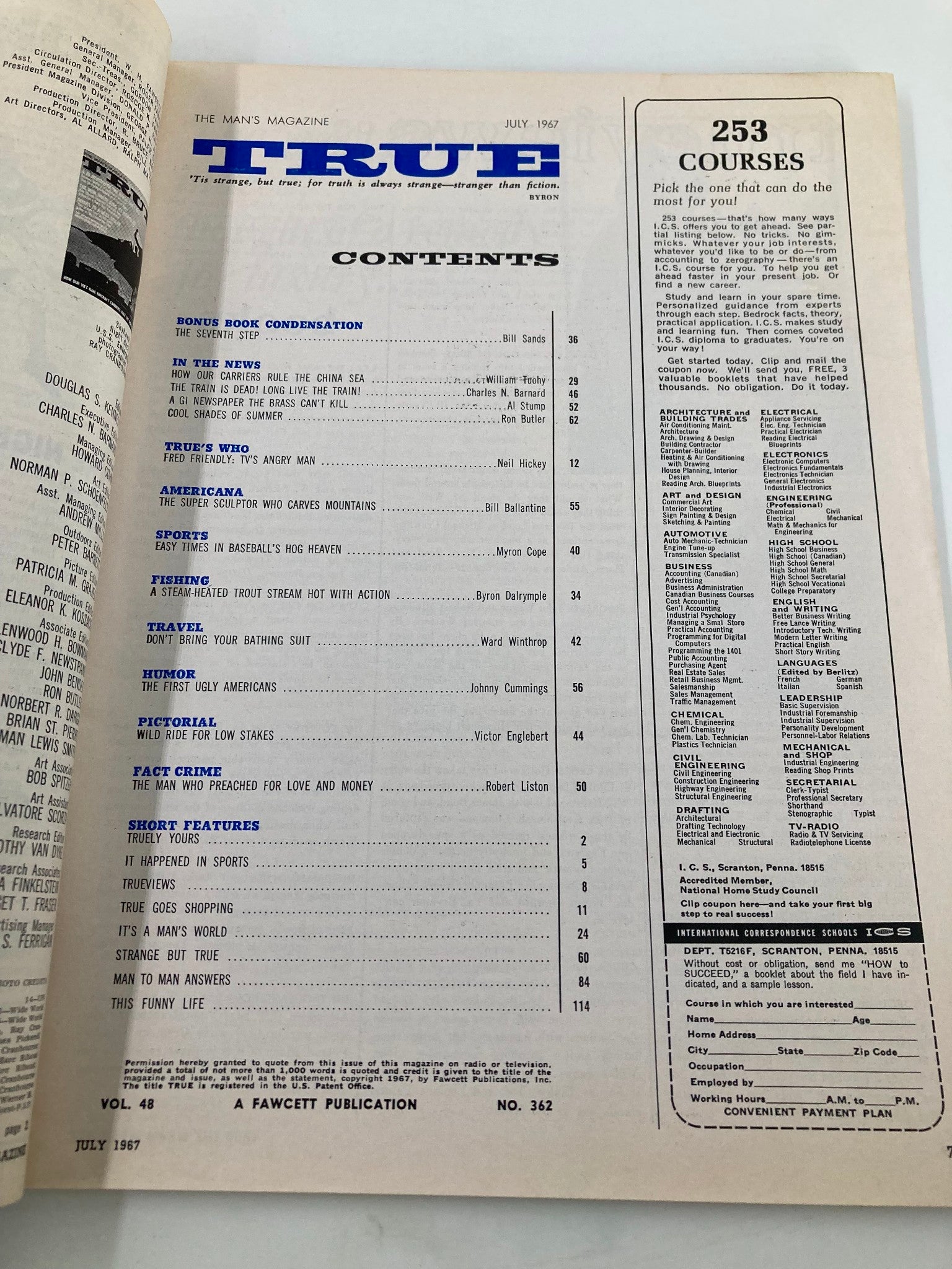 Inside page of TRUE The Man's Magazine July 1967 showing the table of contents, featuring articles like 'The Man Who Preached For Love and Money', 'True's Who', and other engaging features from vintage men's publication.