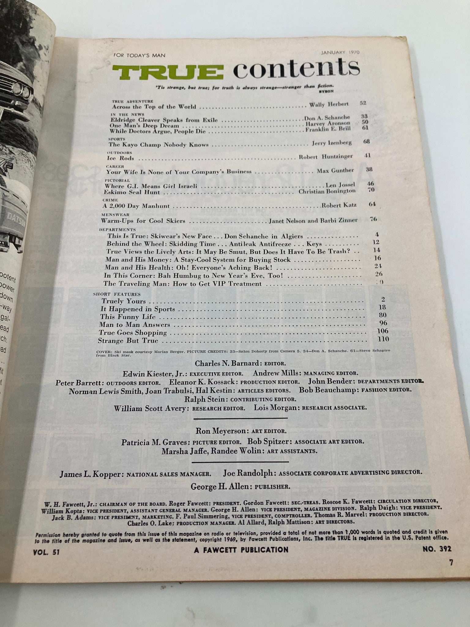 TRUE The Man's Magazine January 1970 contents page featuring articles on adventure and culture, including 'Across the Top of The World and more.