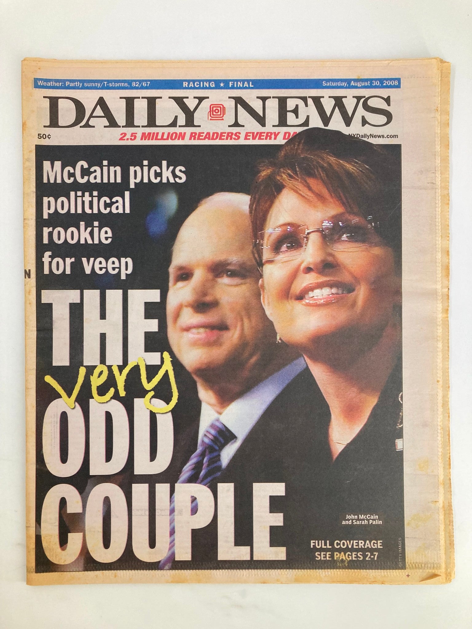 Daily News Newspaper August 30 2008 John McCain and Sarah Palin Odd Couple