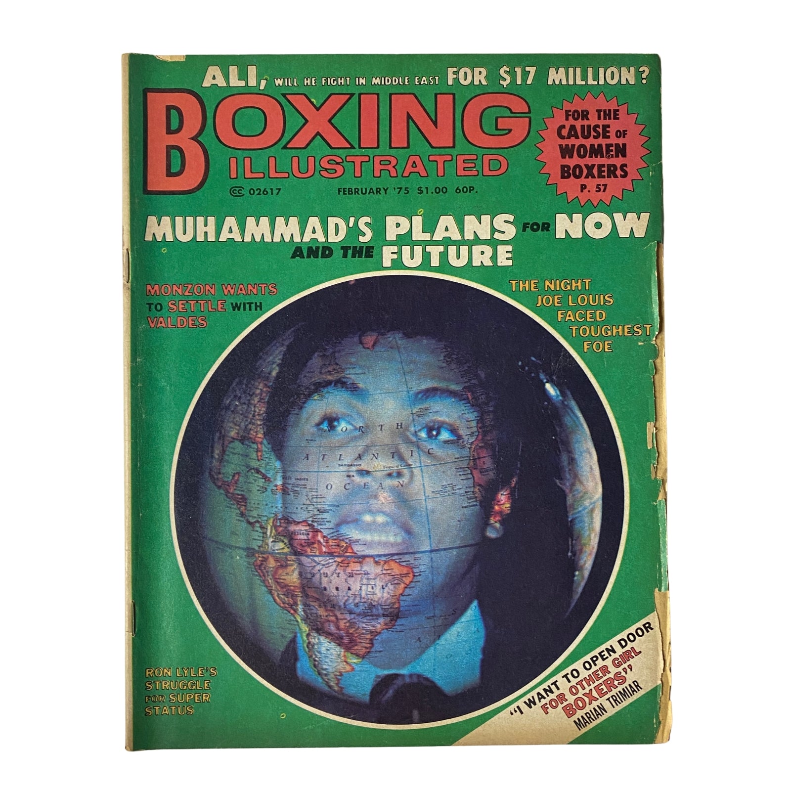 Boxing Illustrated Magazine February 1975 Muhammad Ali Cover featuring a striking design with headlines about Muhammad Ali's plans and boxing features.