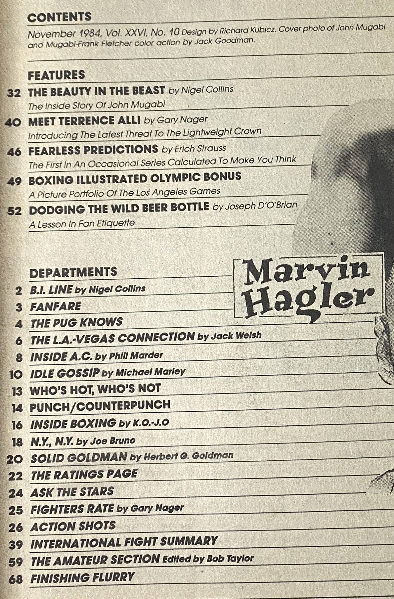 Contents page of Boxing Illustrated Magazine November 1984, outlining featured articles including 'The Beauty in the Beast' and 'Dodging the Wild Beer Bottle', along with various departments.