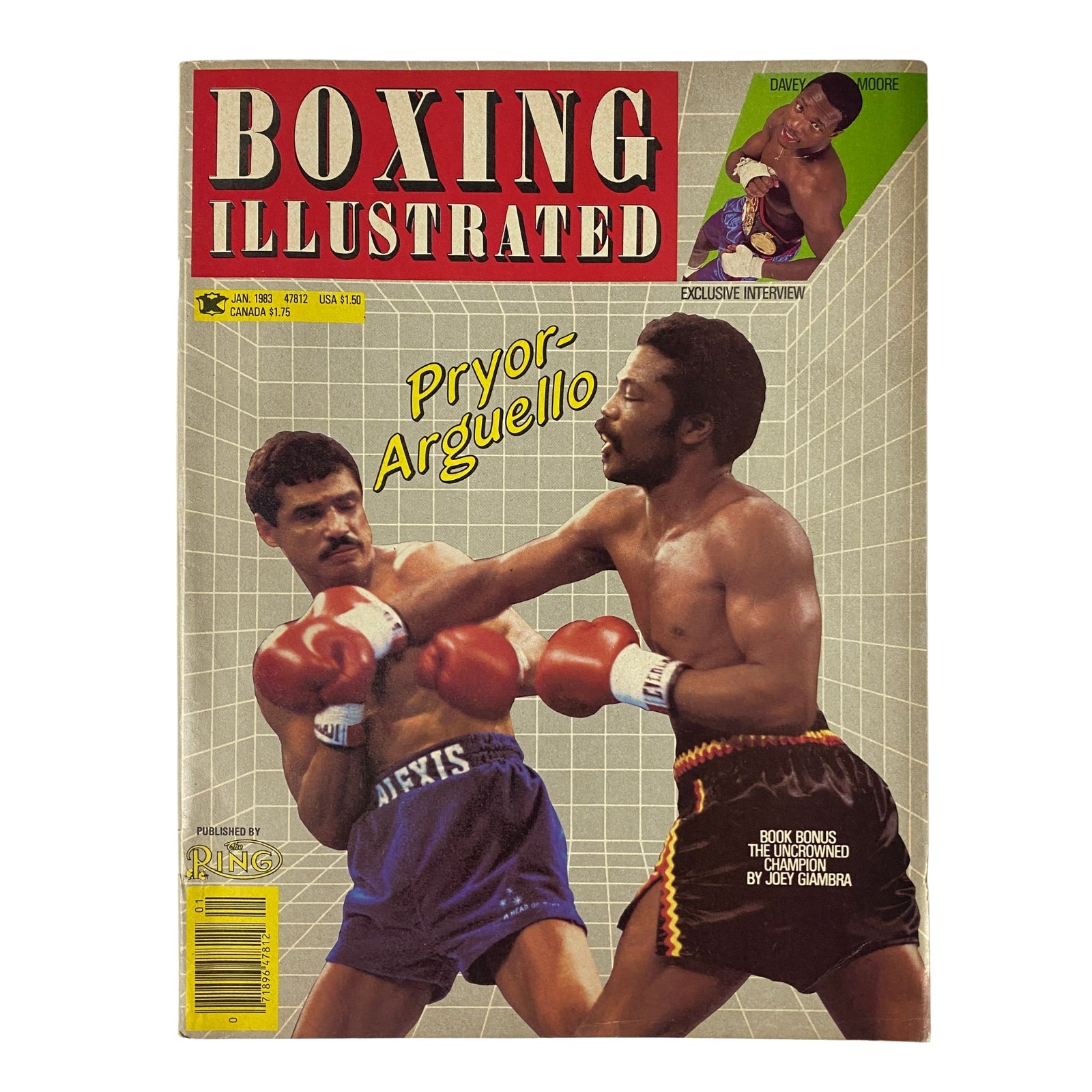 Boxing Illustrated Magazine January 1983 cover featuring Aaron Pryor vs. Alexis Argüello in action, highlighting a key moment from the legendary boxing match.