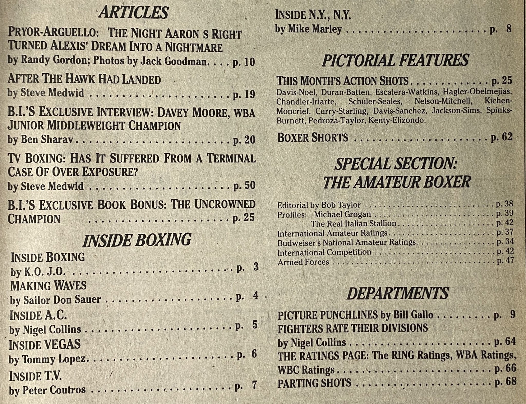 Table of contents from Boxing Illustrated Magazine January 1983, featuring articles including analysis of the Pryor-Argüello fight and an exclusive interview with Davey Moore.