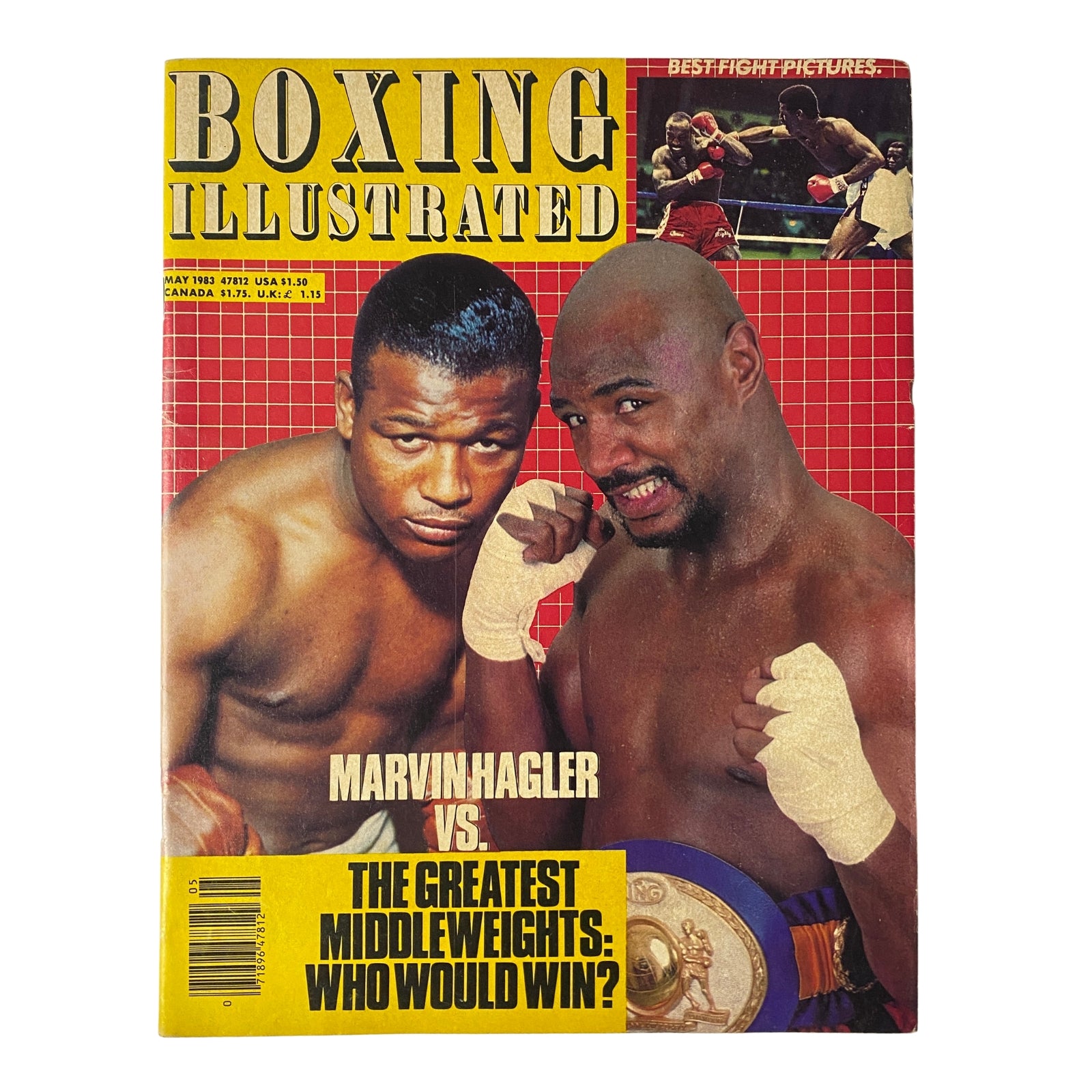 Boxing Illustrated Magazine May 1983 featuring Marvin Hagler on the cover, showcasing a match-up between legendary middleweights. The magazine emphasizes fight analysis and historical boxing content.