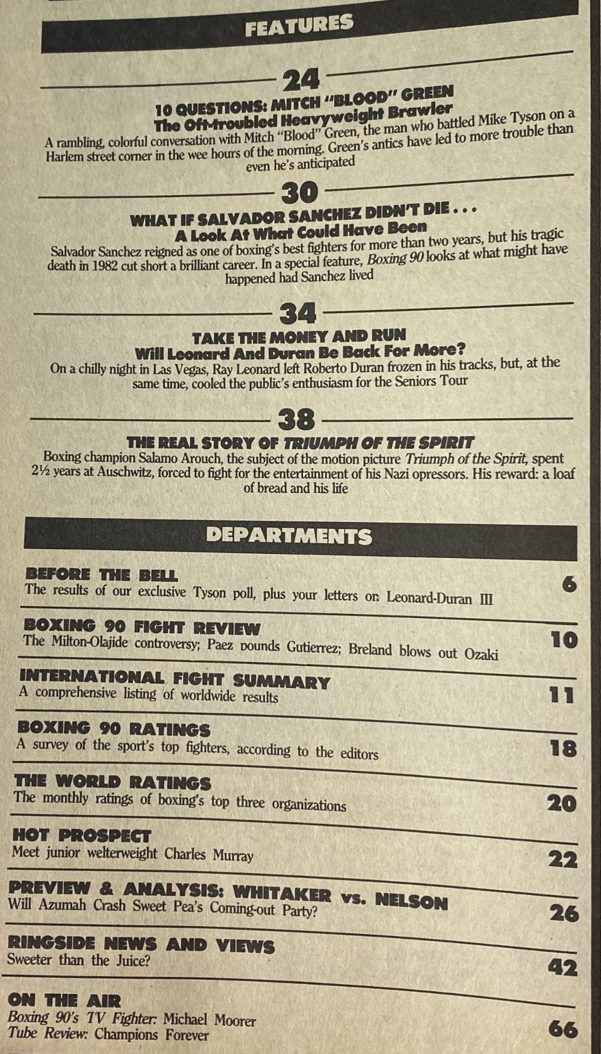 Inside page of Boxing 90 Magazine May 1990 listing feature articles and departments, including '10 Questions: Mitch “Blood” Green' and 'What If Salvador Sanchez Didn’t Die.' Highlights the depth of content related to boxing history.