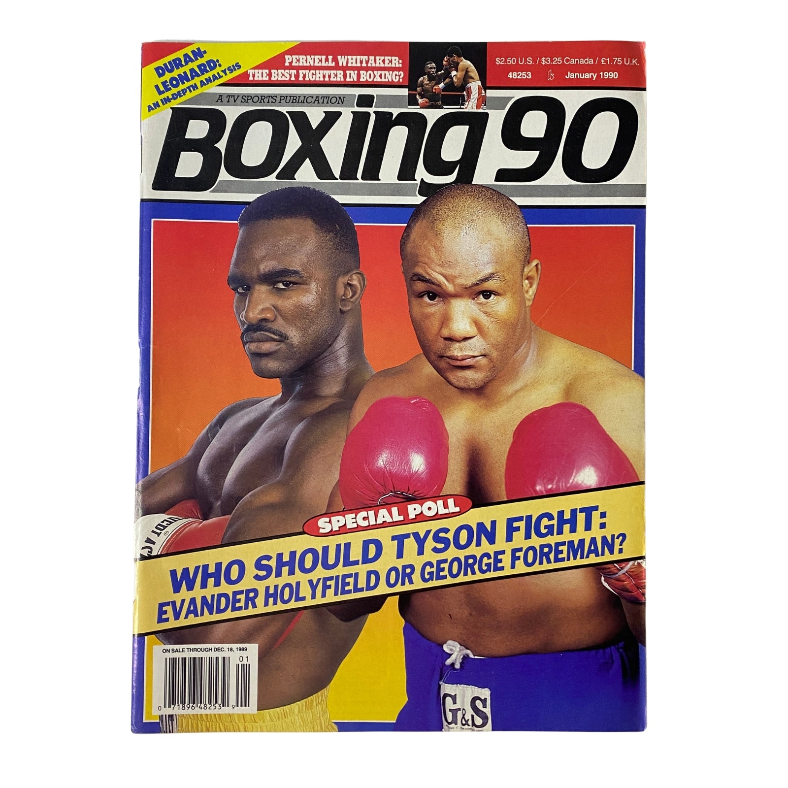 Cover of Boxing 90 Magazine January 1990 featuring Evander Holyfield and George Foreman, highlighting a special poll on who should fight Mike Tyson.
