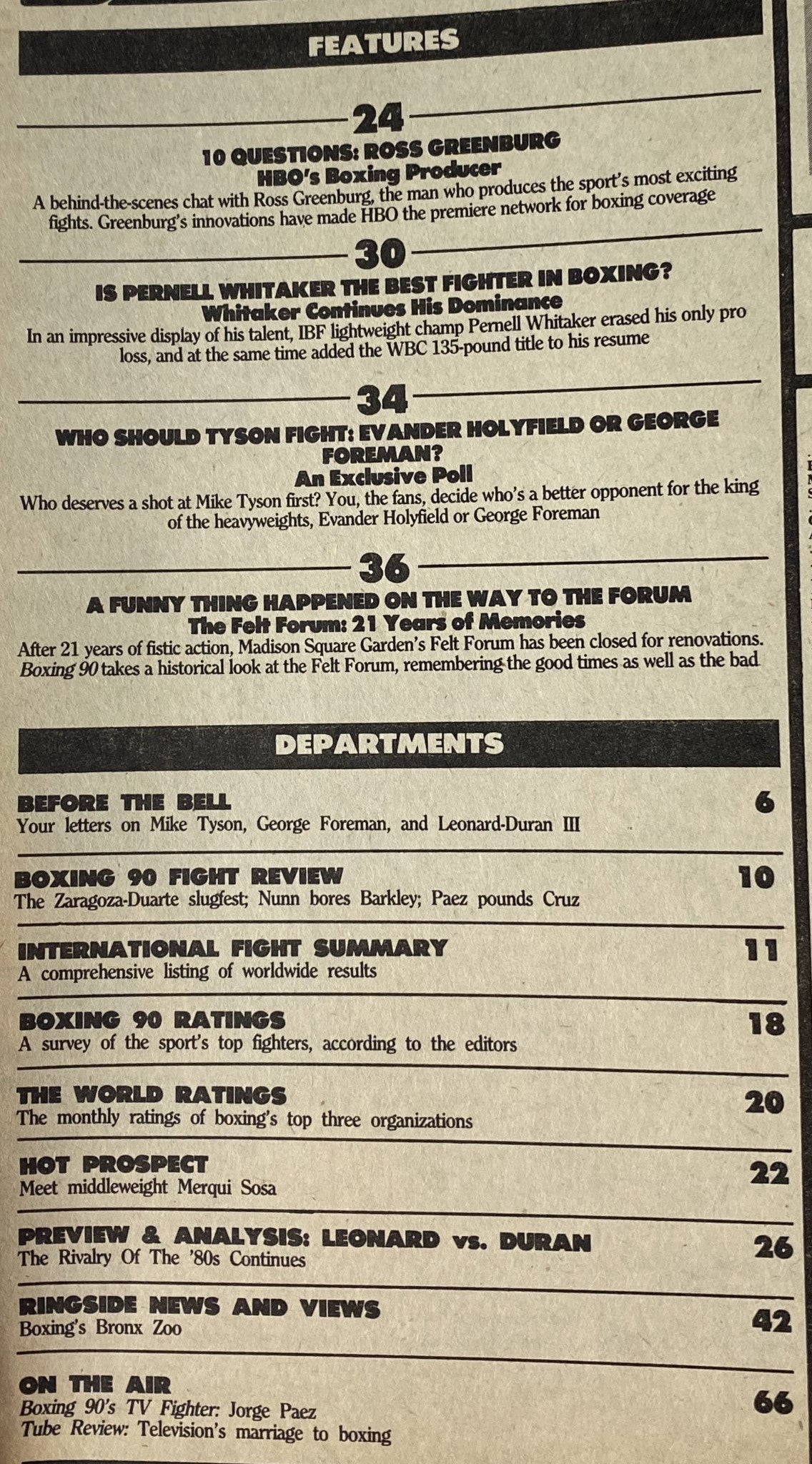 Interior page of Boxing 90 Magazine January 1990, showcasing feature articles and departments including discussions on boxing legends and match analyses.