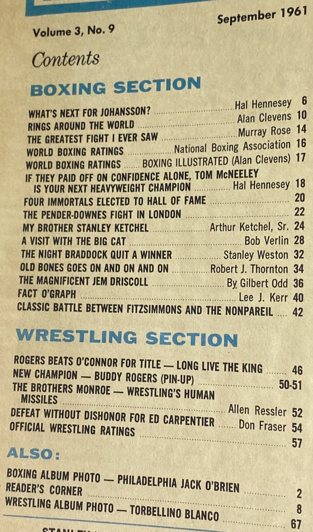 Contents page of September 1961 Boxing Illustrated Magazine listing articles including 'What’s Next for Johansson?' and 'Rings Around the World,' reflecting the diverse boxing coverage in the issue.
