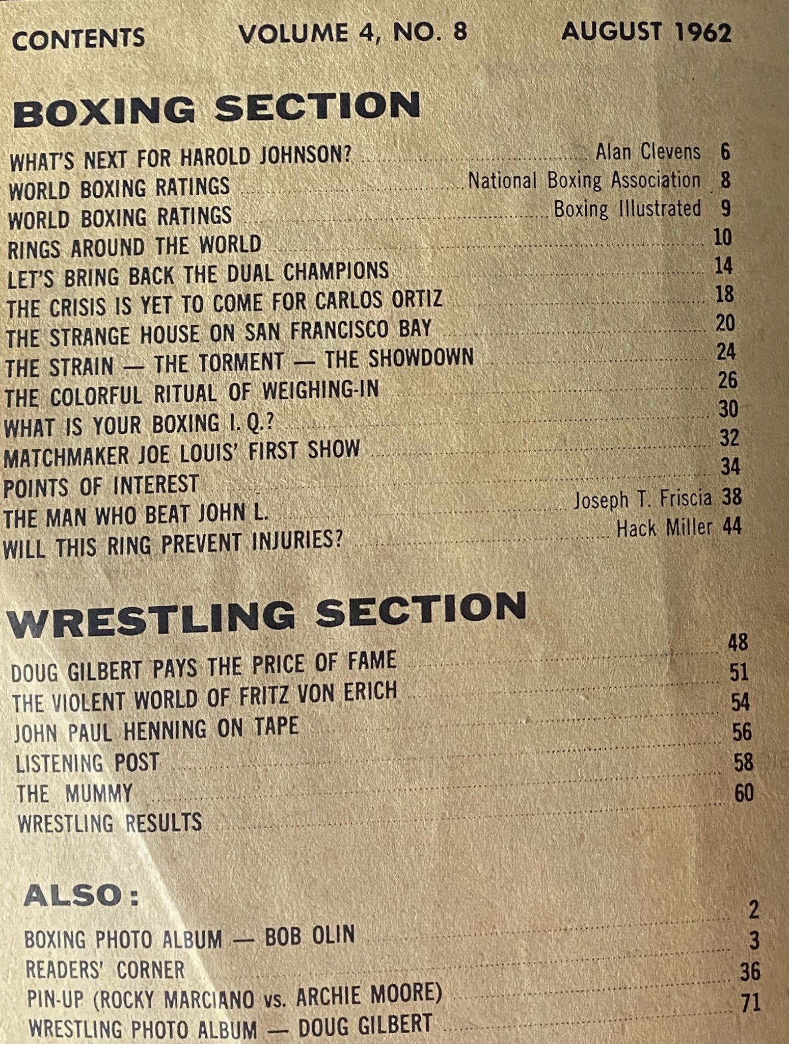 Table of contents page from the Boxing Illustrated Magazine August 1962, Volume 4, No. 8, listing articles such as 'What's Next for Harold Johnson?' and wrestling features, highlighting the magazine's dual focus on boxing and wrestling.