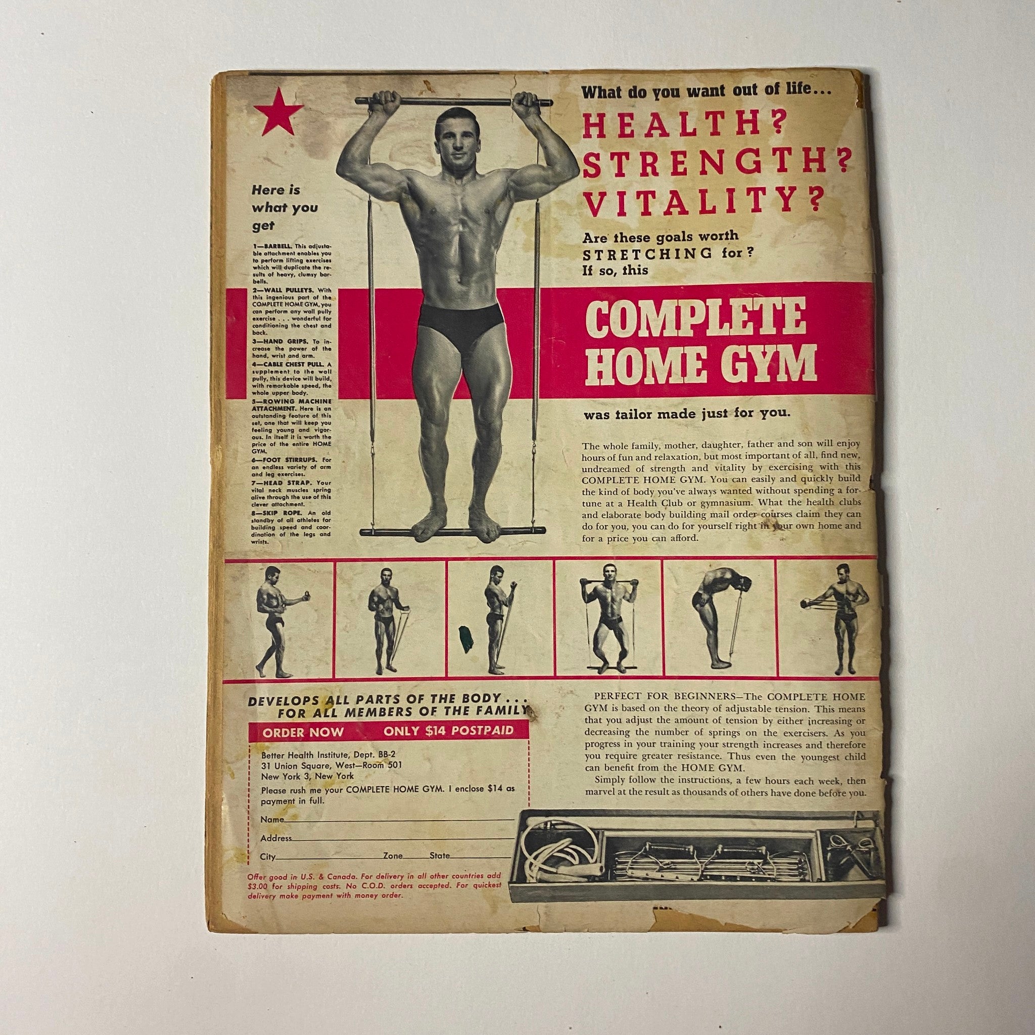 Back cover of the Boxing Illustrated Magazine August 1962, featuring an advertisement for a Complete Home Gym, showcasing fitness equipment aimed at health and strength, positioned alongside the magazine's boxing and wrestling content.