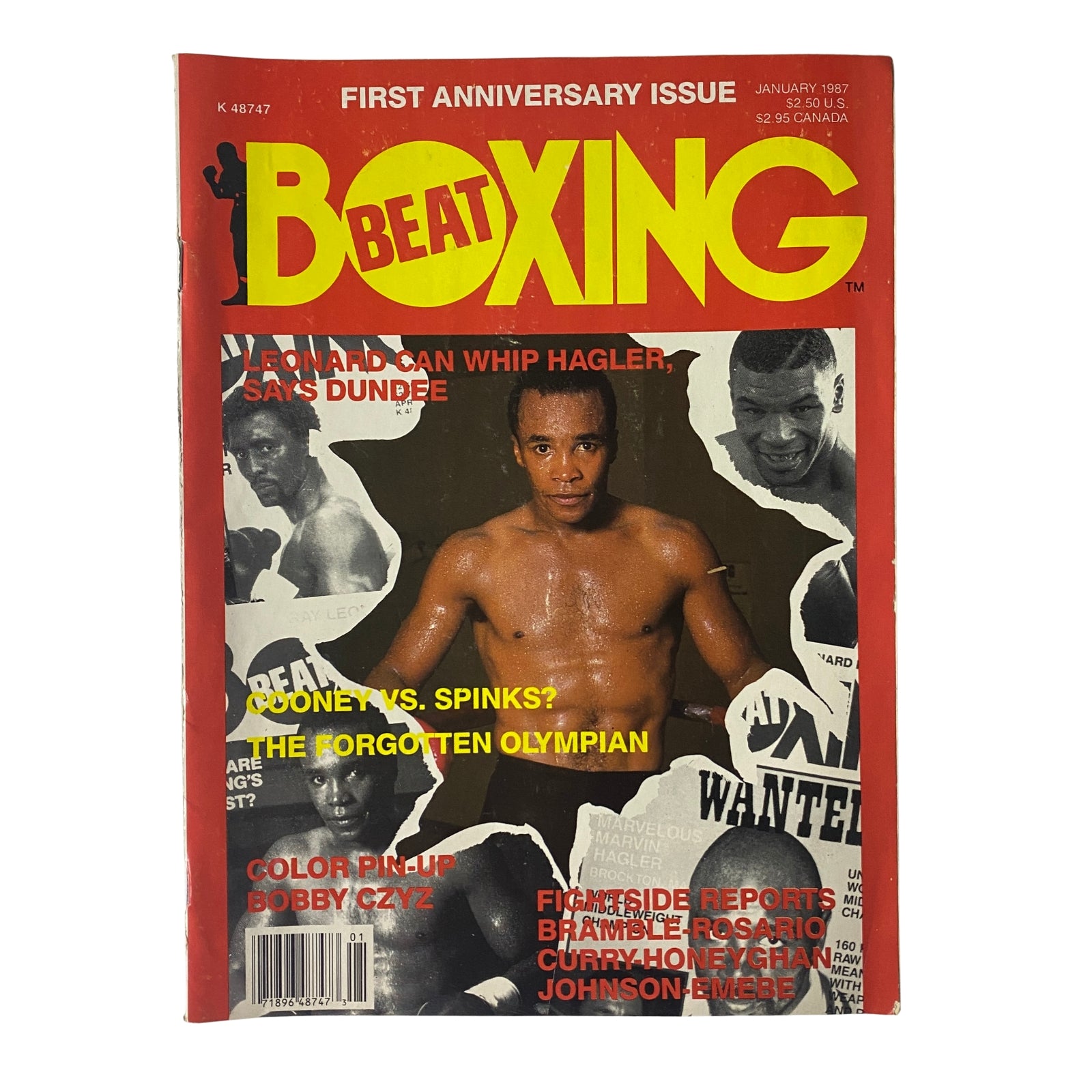Beat Boxing Magazine January 1987 featuring Sugar Ray Leonard and Marvin Hagler on the cover. Highlights include the feature 'Leonard Can Whip Hagler, Says Dundee' and interviews with boxing stars like Bobby Czyz and Edwin Rosario.