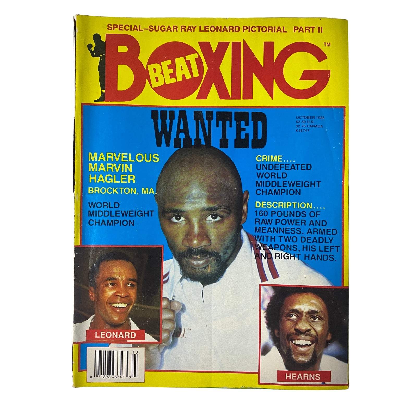 Cover of Beat Boxing Magazine, October 1986 featuring Marvin Hagler, Sugar Ray Leonard, and Thomas Hearns. Highlights iconic imagery of boxing legends with the title 'Beat Boxing Magazine October 1986'.
