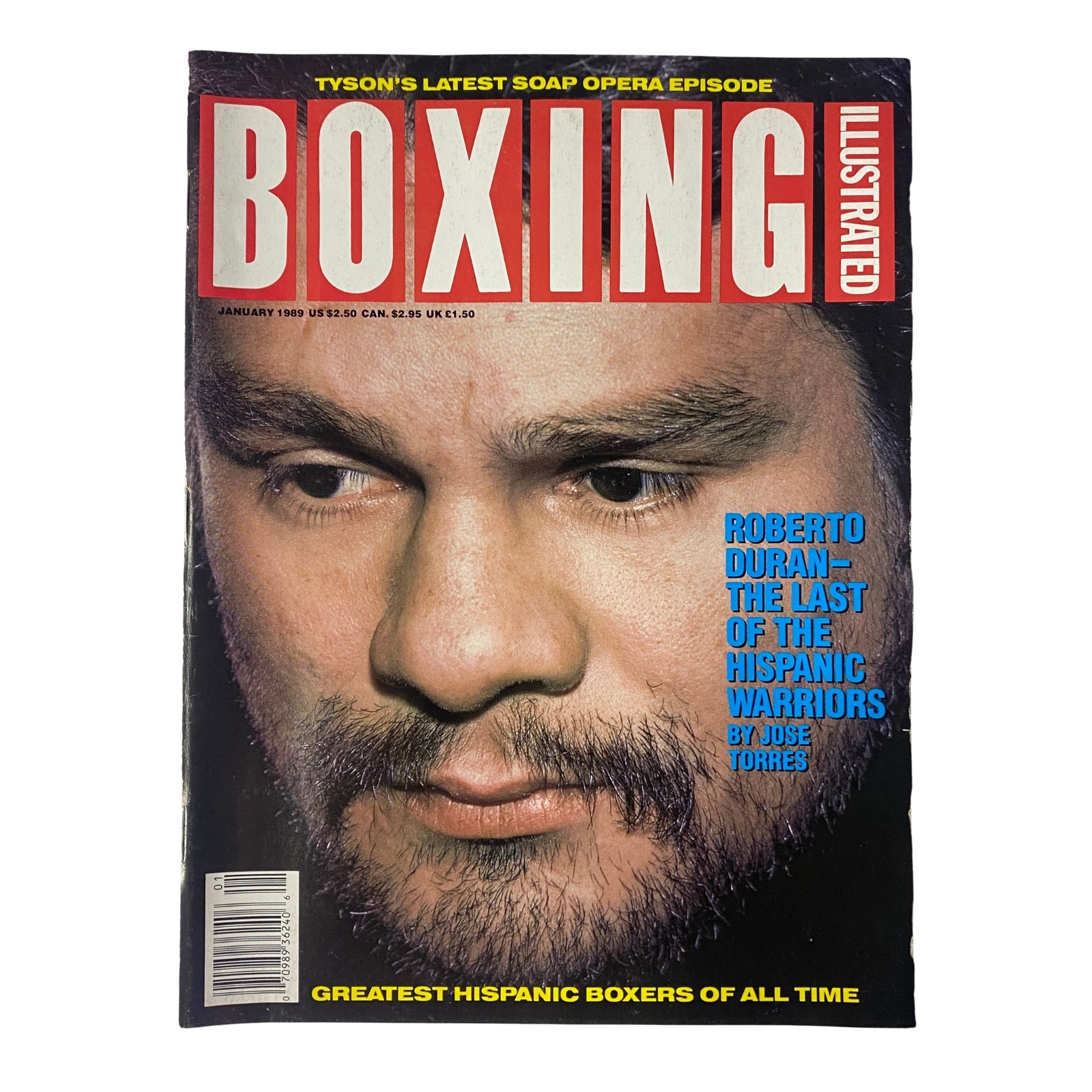 Boxing Illustrated Magazine January 1989 featuring Roberto Durán on the cover, highlighting the article 'Was Roberto Durán the Last of the Hispanic Warriors?'.