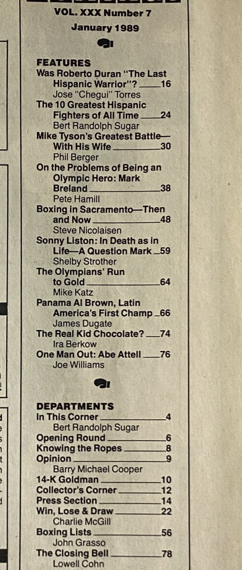Table of contents for Boxing Illustrated Magazine January 1989, Vol. XXX, Number 7, listing feature articles and contributors.