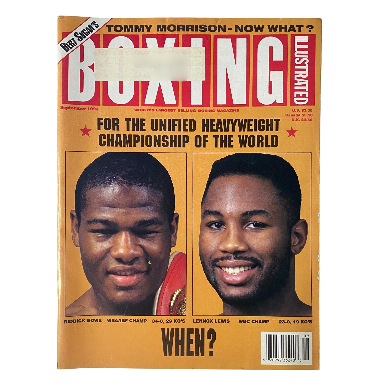 Boxing Illustrated Magazine September 1993 cover featuring Riddick Bowe and Lennox Lewis, showcasing the heavyweight boxing rivalry.