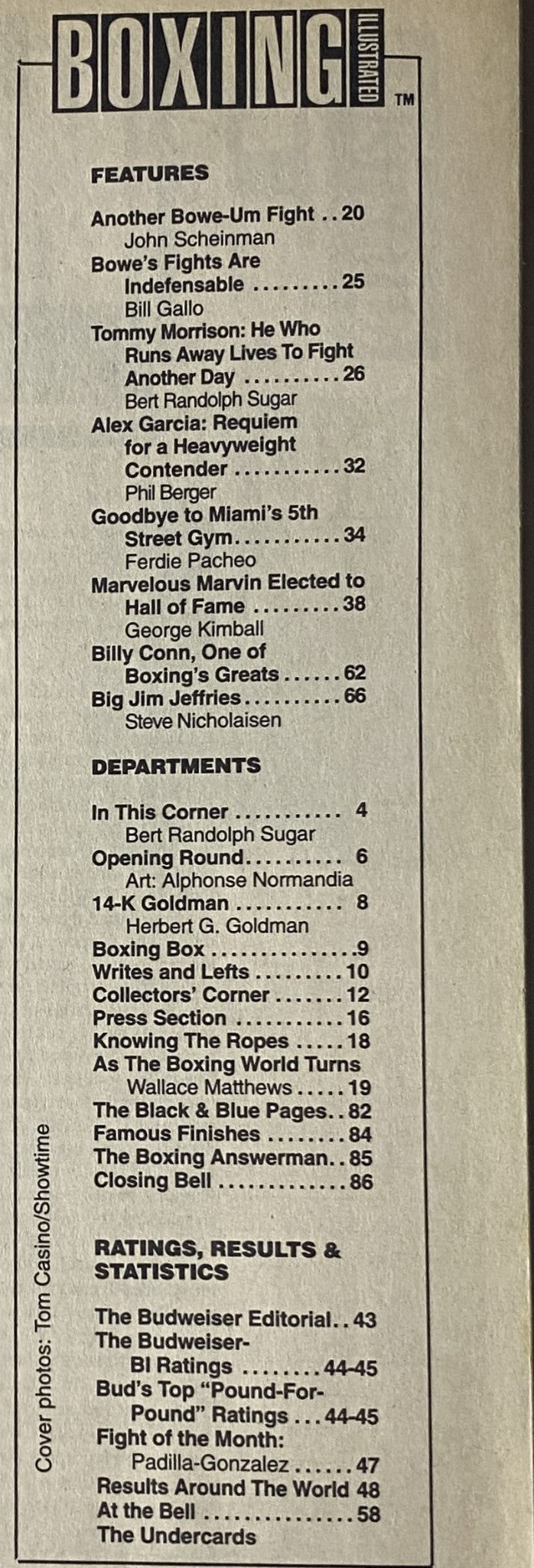 Boxing Illustrated Magazine September 1993 table of contents with featured articles including commentary on boxing legends and match statistics.