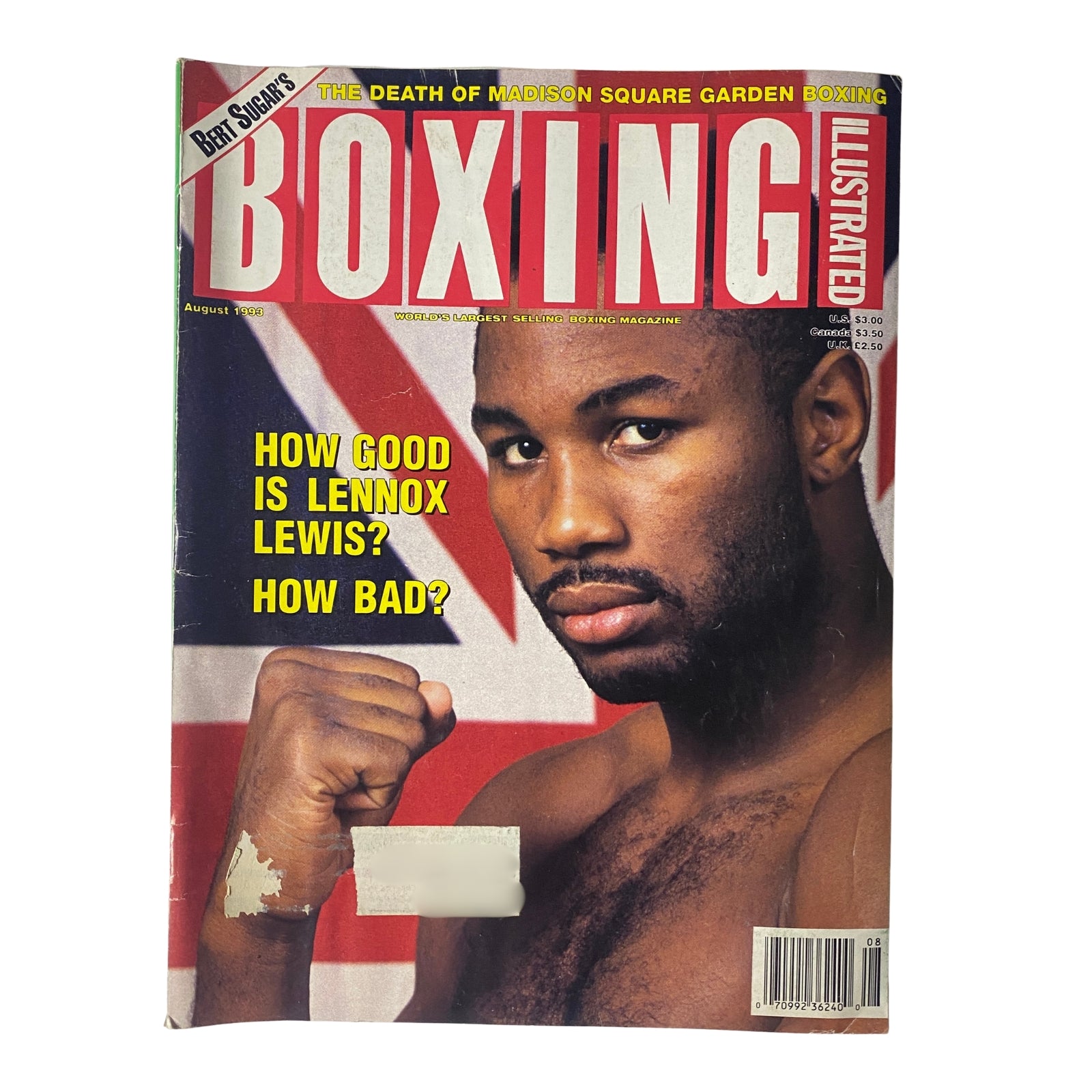 Boxing Illustrated Magazine August 1993 featuring Lennox Lewis on the cover, showcasing his rise in the heavyweight boxing division.