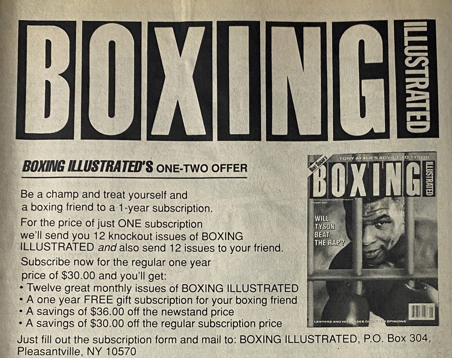 Subscription advertisement page from Boxing Illustrated Magazine, promoting a one-year subscription offer with the tagline 'Be a champ and treat yourself and a boxing friend to a 1-year subscription.'
