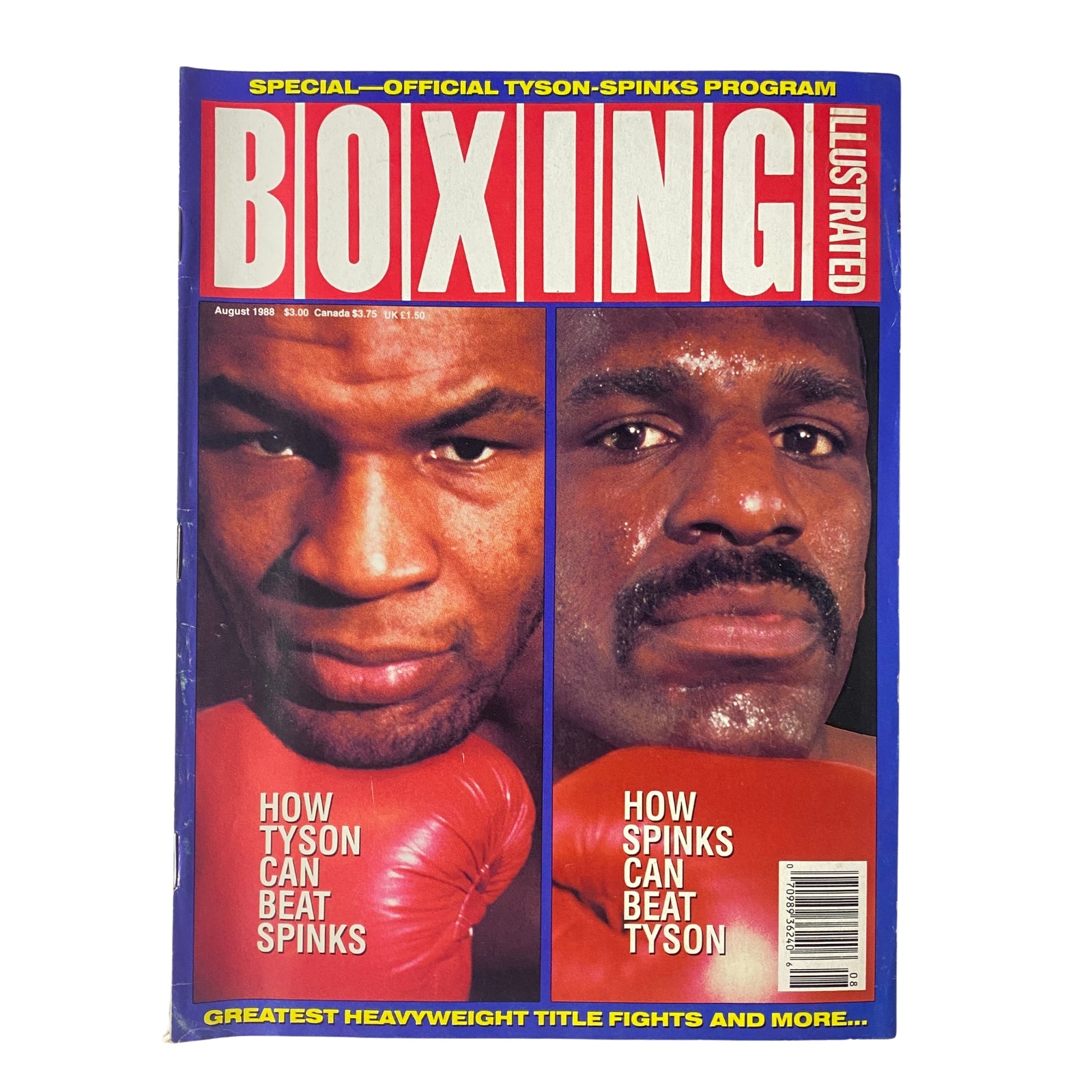 Cover of Boxing Illustrated Magazine August 1988 featuring Mike Tyson and Michael Spinks, highlighting the special official Tyson-Spinks program.