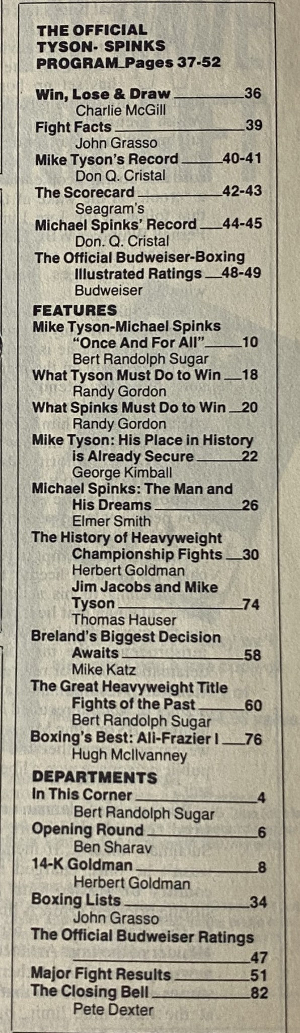 Contents page of Boxing Illustrated Magazine August 1988 featuring Mike Tyson and Michael Spinks, showcasing articles and fight records related to their historic bout, along with program details.