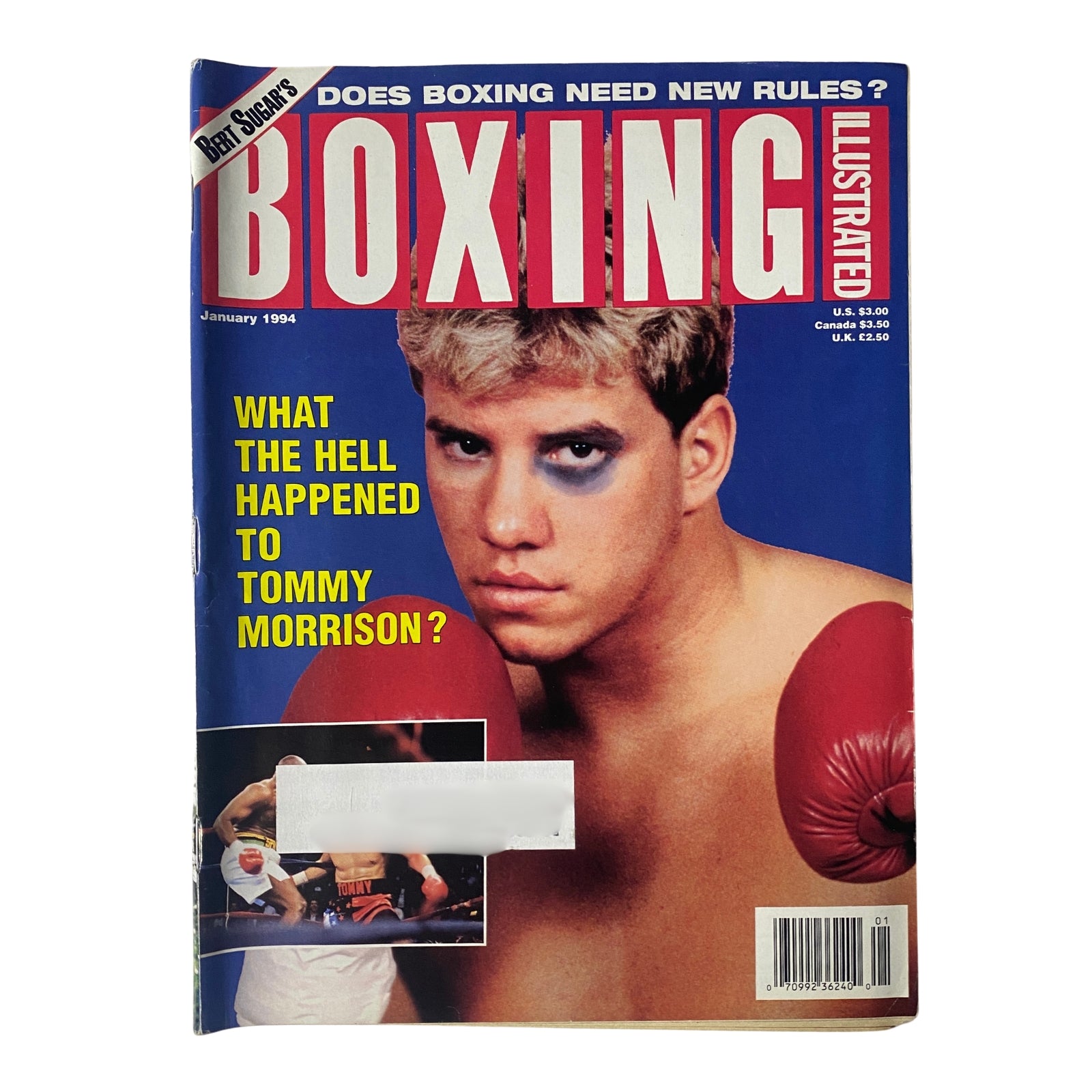 Boxing Illustrated Magazine January 1994 featuring Tommy Morrison on the cover with the headline 'What the Hell Happened to Tommy Morrison?' showcasing his boxing gloves and notable features from the issue.
