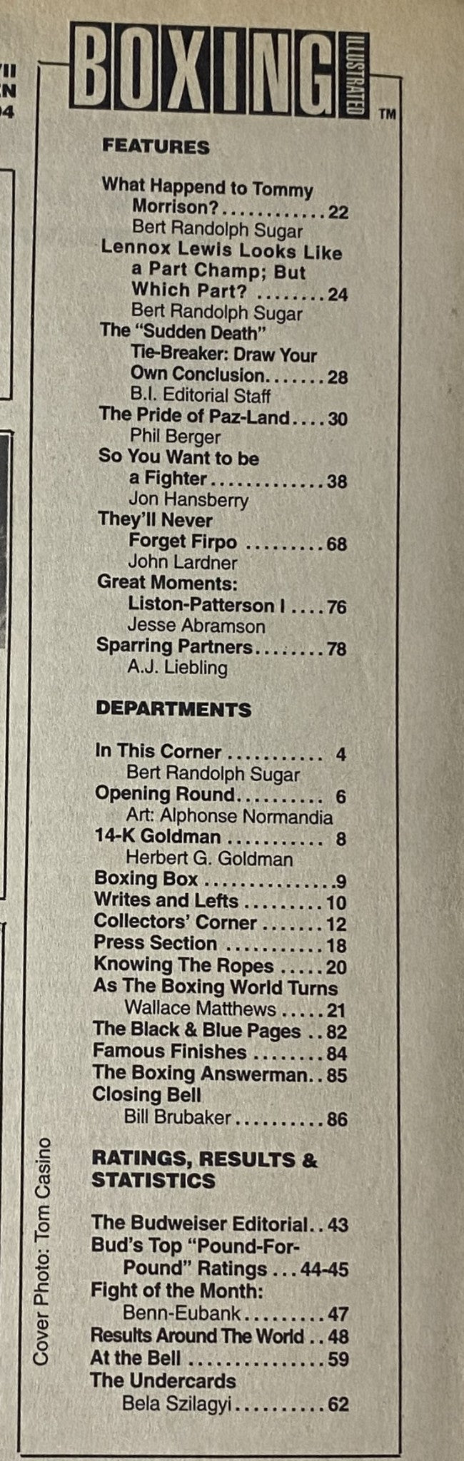 Table of contents from Boxing Illustrated Magazine January 1994, listing feature articles, departments, ratings, and results, highlighting contributions from renowned writers including Bert Randolph Sugar.