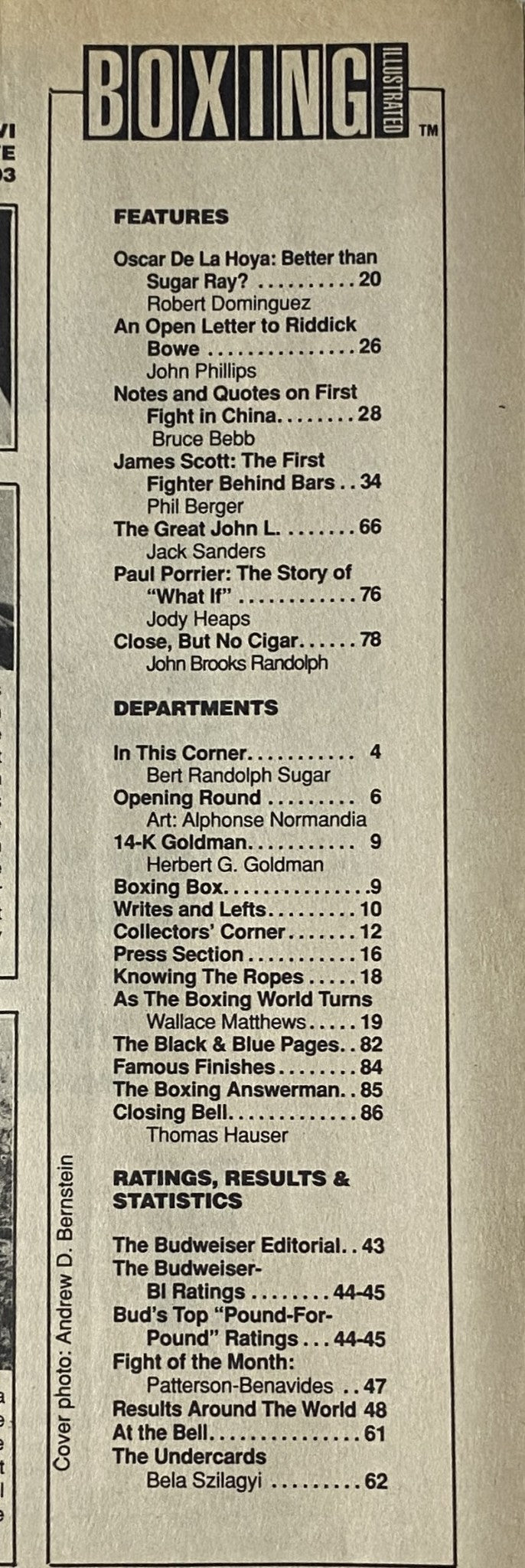 Contents page of Boxing Illustrated Magazine July 1993, showcasing featured articles including 'Oscar De La Hoya: Better than Sugar Ray?' and sections on boxing results and statistics.