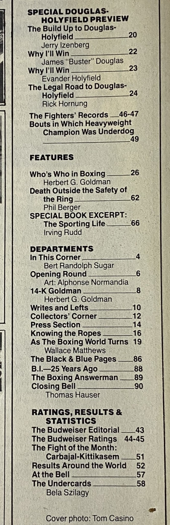 Table of contents for Boxing Illustrated Magazine November 1990, detailing special features, articles, and previews related to the Douglas-Holyfield matchup.