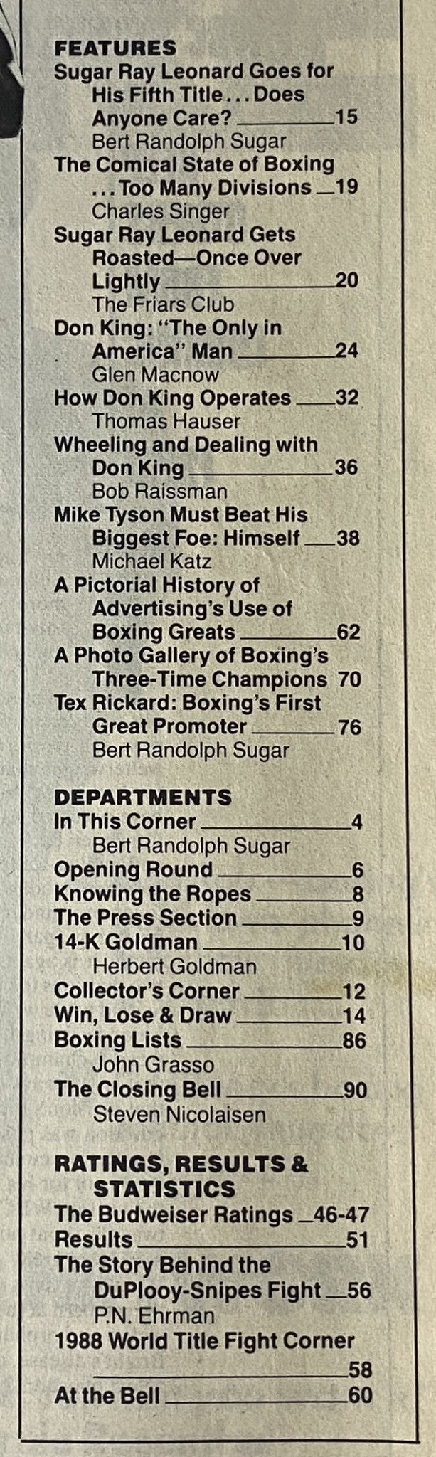 Table of contents from Boxing Illustrated Magazine December 1988, detailing feature articles about Sugar Ray Leonard and insights on boxing personalities.