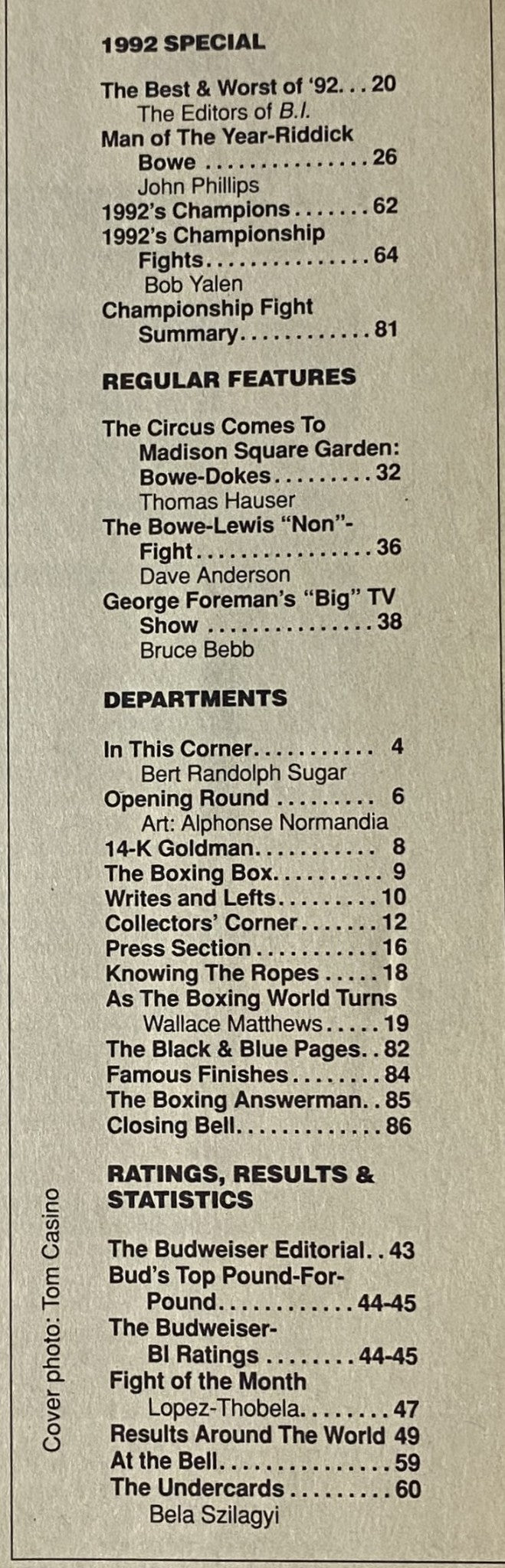 Contents page of the Boxing Illustrated Magazine May 1993 issue, listing feature articles, departments, and highlights including Riddick Bowe.