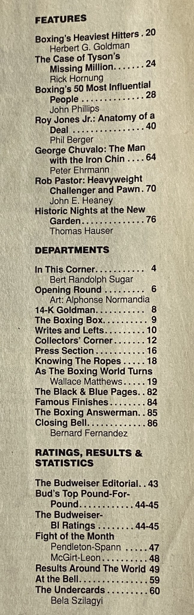 Table of contents from Boxing Illustrated Magazine April 1993, detailing features including Boxing's Heaviest Hitters, The Case of Tyson's Missing Million, and more.