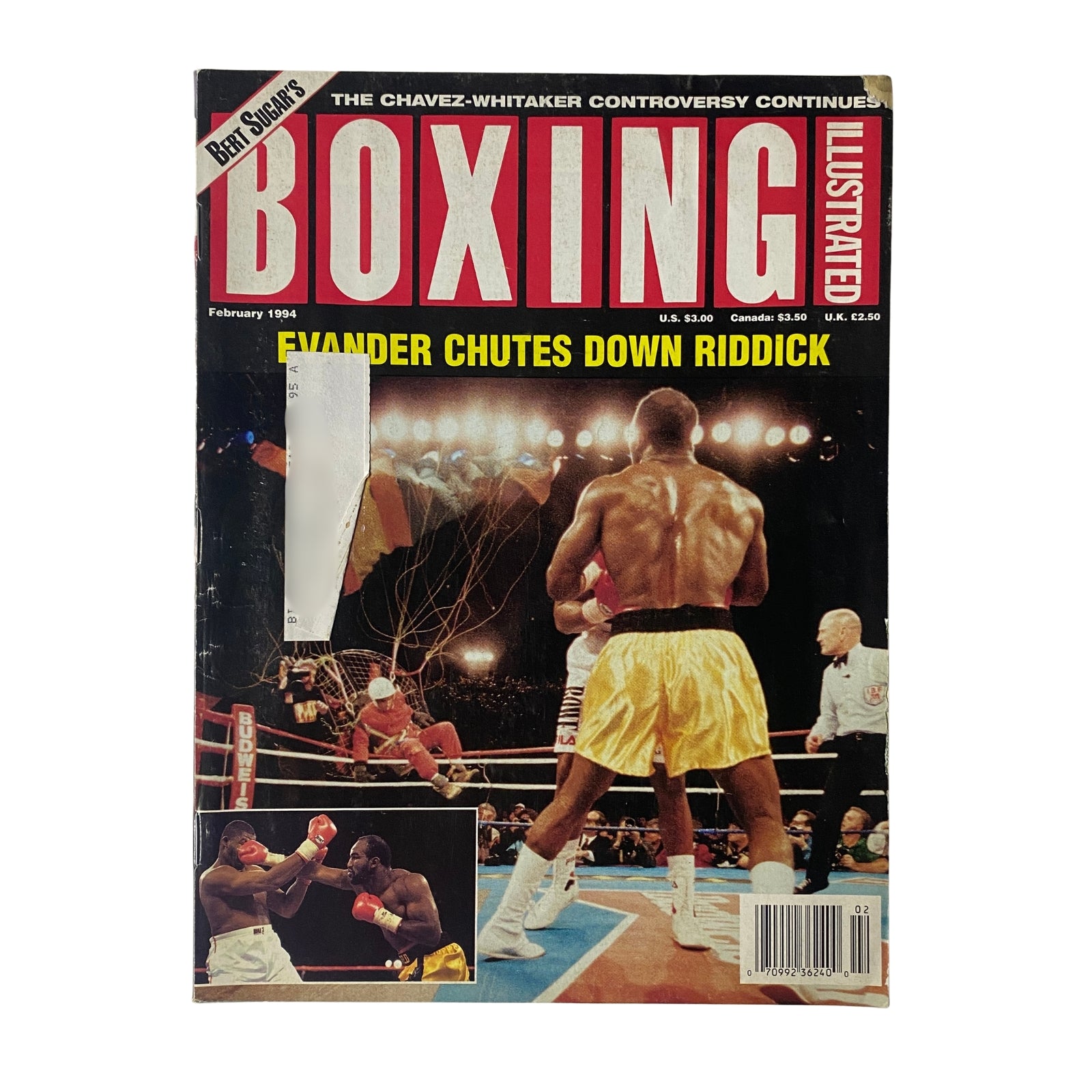 Cover of Boxing Illustrated magazine from February 1994 featuring Evander Holyfield vs. Riddick Bowe, showcasing Holyfield in the ring during the match.