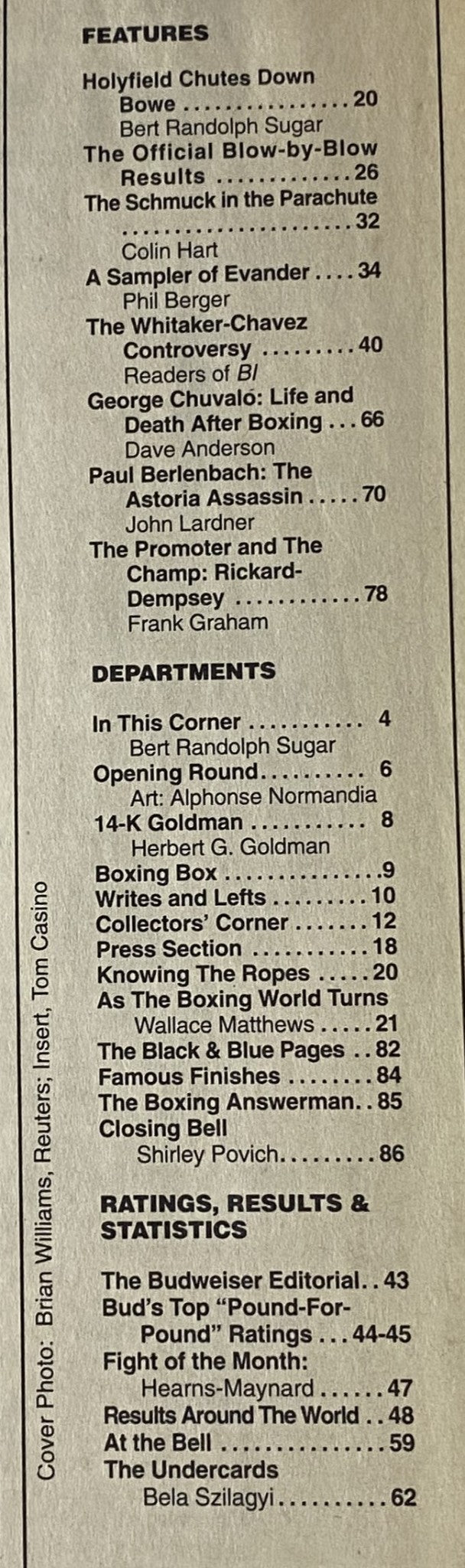 Table of contents from Boxing Illustrated magazine February 1994 highlighting feature articles and sections including 'Holyfield Chutes Down Bowe' and 'The Schmuck in the Parachute'.