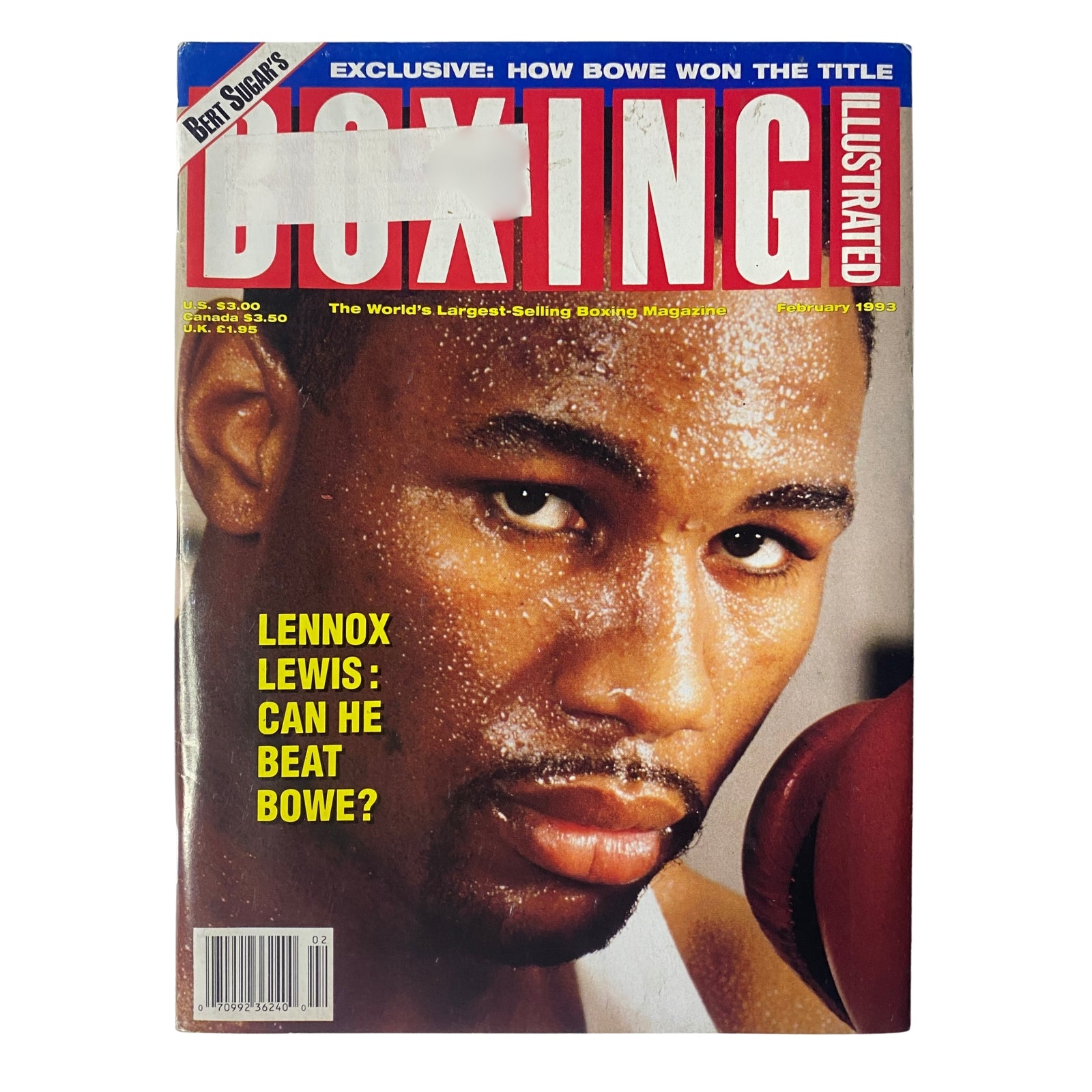 Cover of Boxing Illustrated Magazine February 1993 featuring Lennox Lewis, with a close-up image of Lewis and the headline 'Lennox Lewis: Can He Beat Bowe?'. Highlights the excitement of heavyweight boxing in the early 1990s.