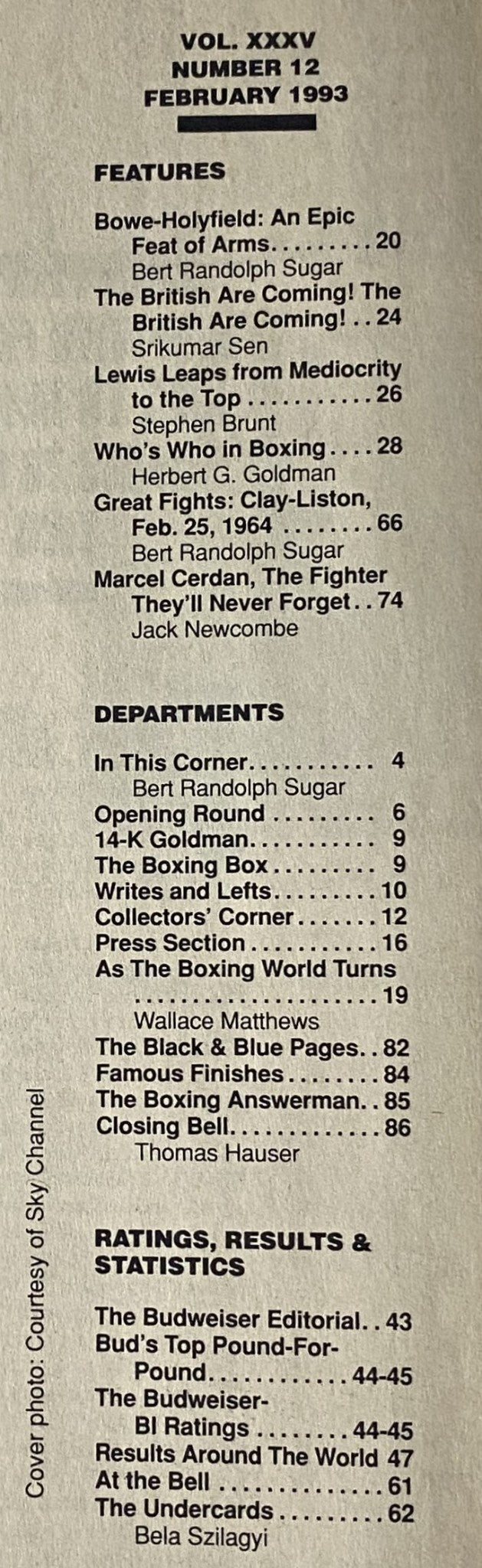 Table of contents from Boxing Illustrated Magazine February 1993, highlighting feature articles, departments, and ratings including insights on heavyweight boxing rivalries and notable fighters.