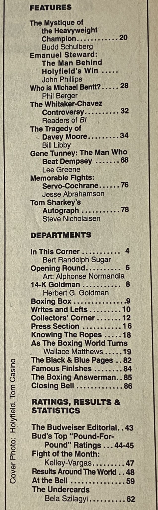 Table of contents for Boxing Illustrated Magazine March 1994, listing features and departments including articles on heavyweight champions and iconic boxing history.