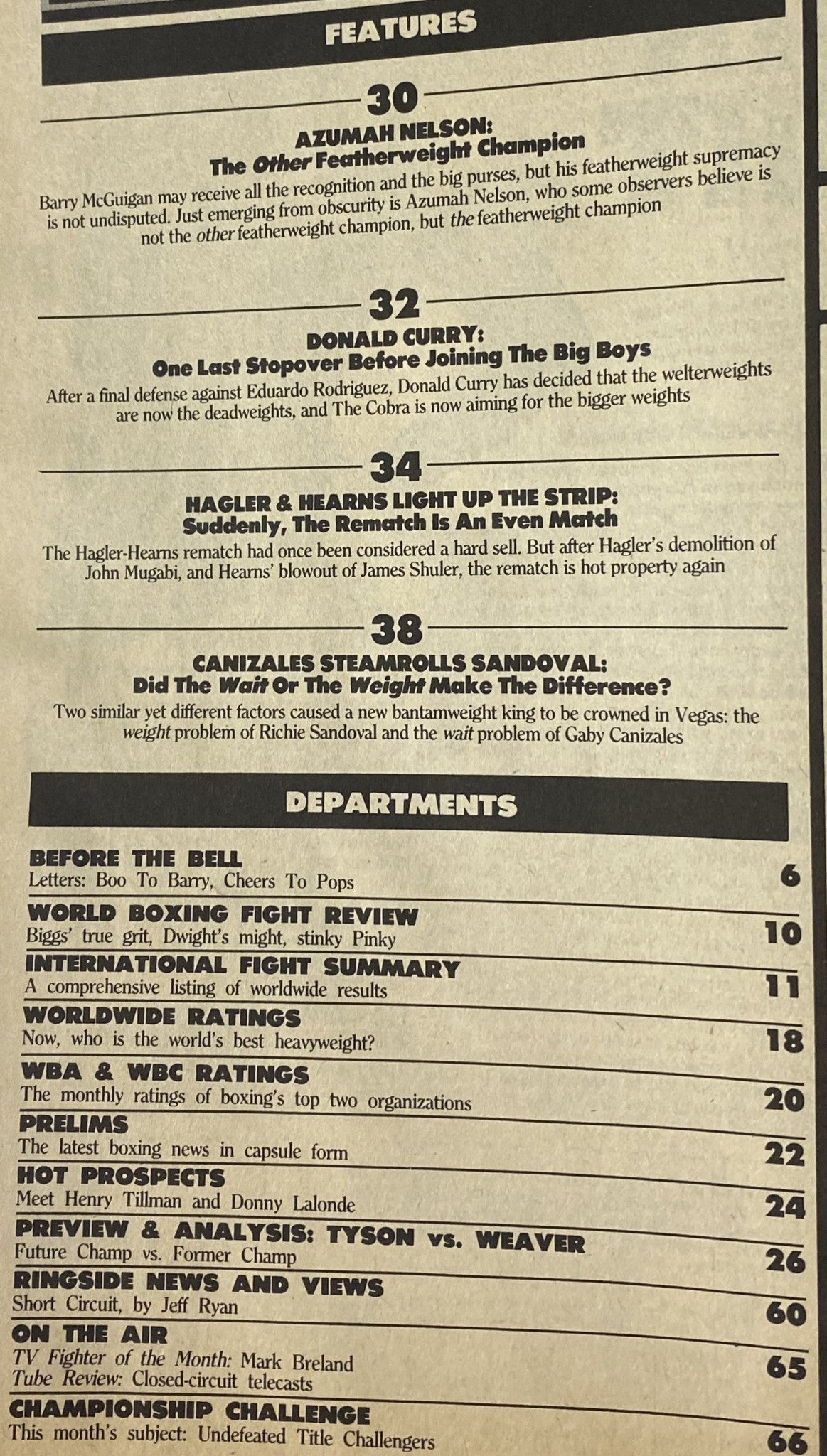 World Boxing Magazine July 1986 interior page showcasing feature articles including Azumah Nelson, Donald Curry, and the Hagler vs. Hearns rematch analysis.