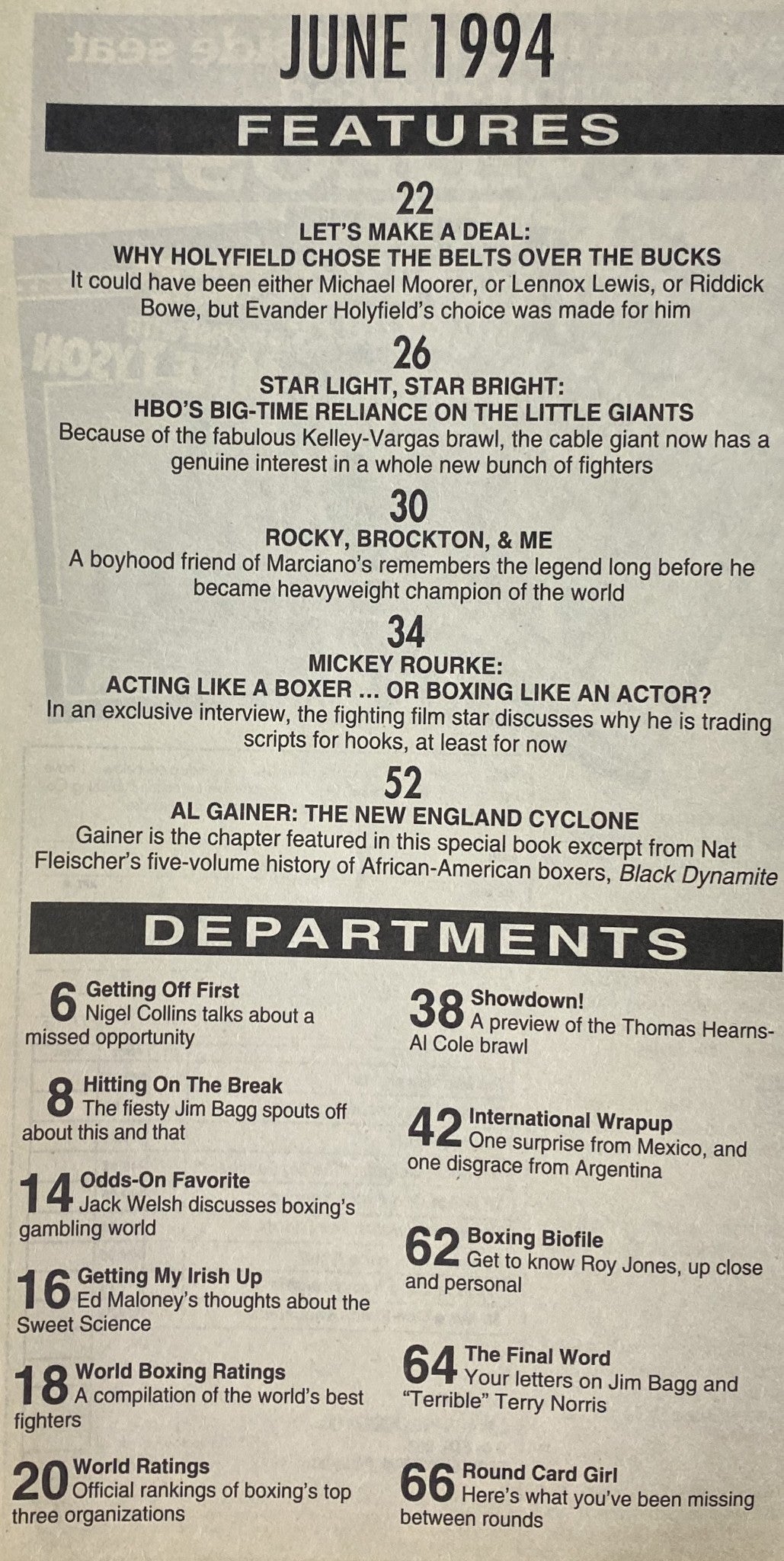 Contents page of World Boxing Magazine June 1994, including feature articles like 'Why Holyfield Chose the Belts Over the Bucks' and 'Mickey Rourke: Acting Like a Boxer ... or Boxing Like an Actor?'. 