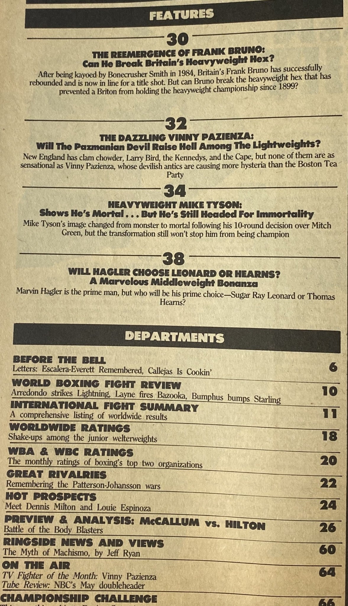 Inside page of World Boxing Magazine September 1986 detailing feature articles such as Frank Bruno's comeback and a profile on Vinny Pazienza, alongside boxing departments and features related to key fighters.