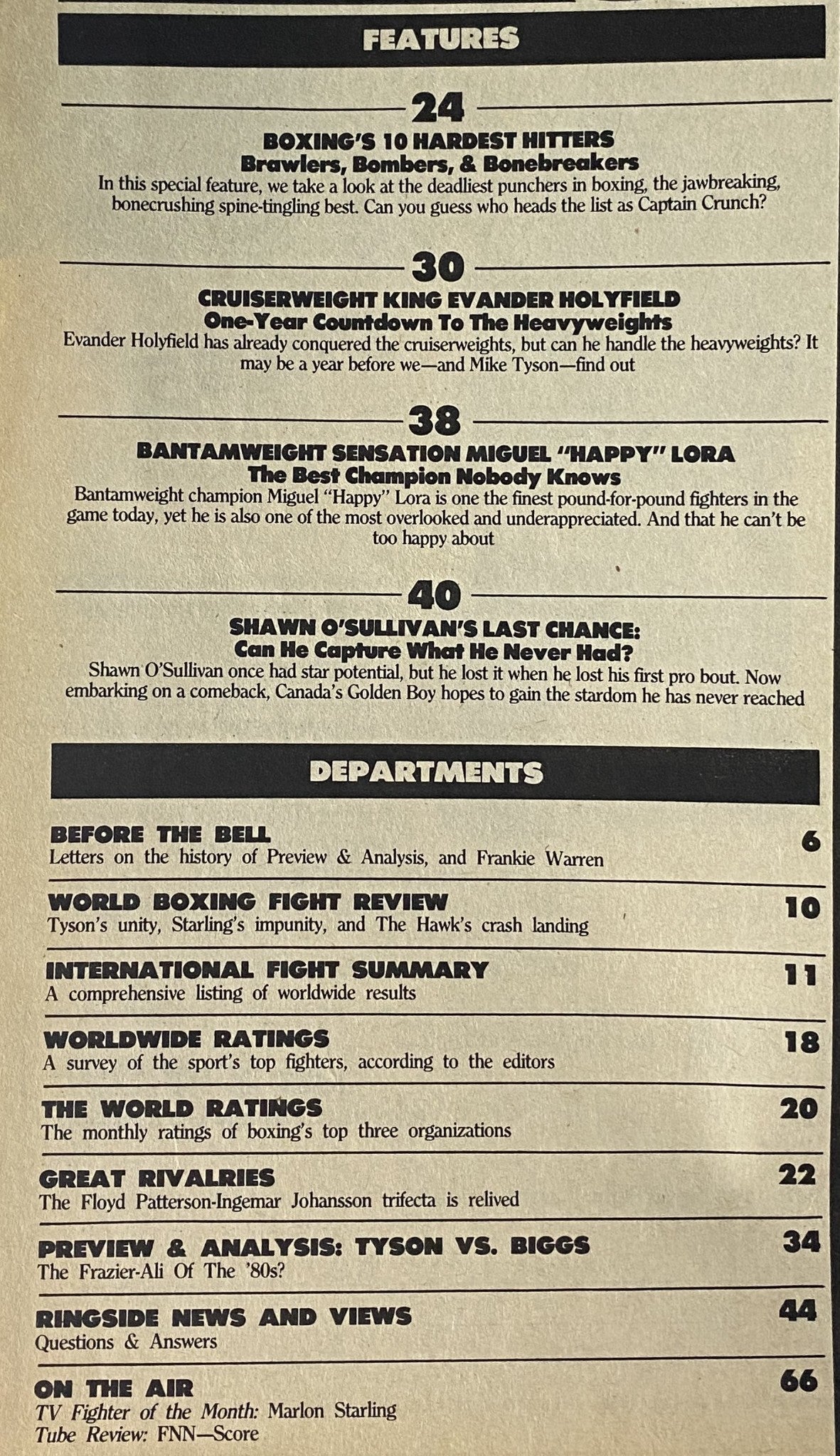 Inside page of World Boxing Magazine December 1987, highlighting features such as Boxing's 10 Hardest Hitters and articles on Evander Holyfield, Miguel Lora, and Shawn O’Sullivan.