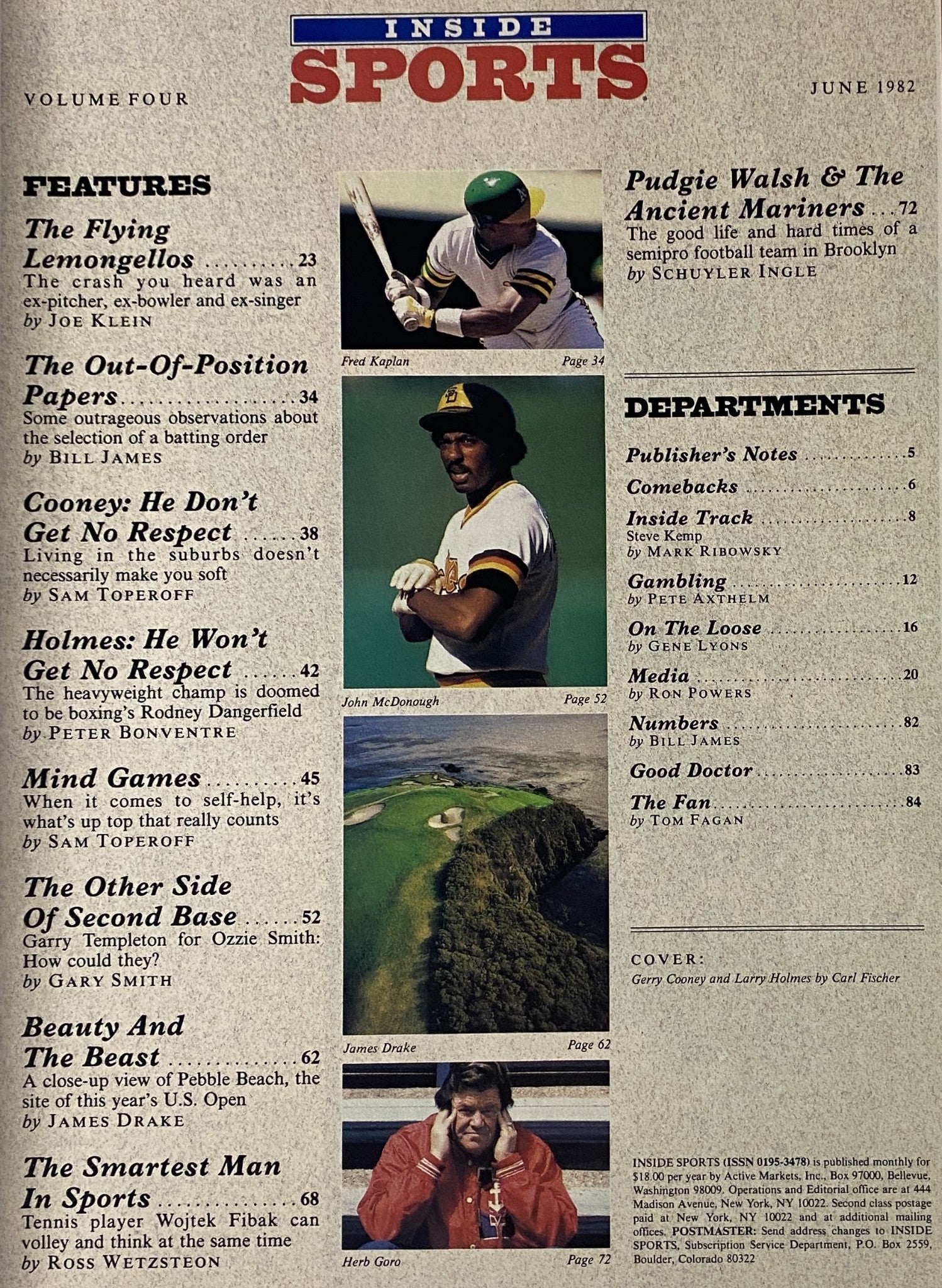 Table of contents for Inside Sports Magazine June 1982, showcasing features and departments including articles on sports legends and events related to boxing, baseball, and tennis.
