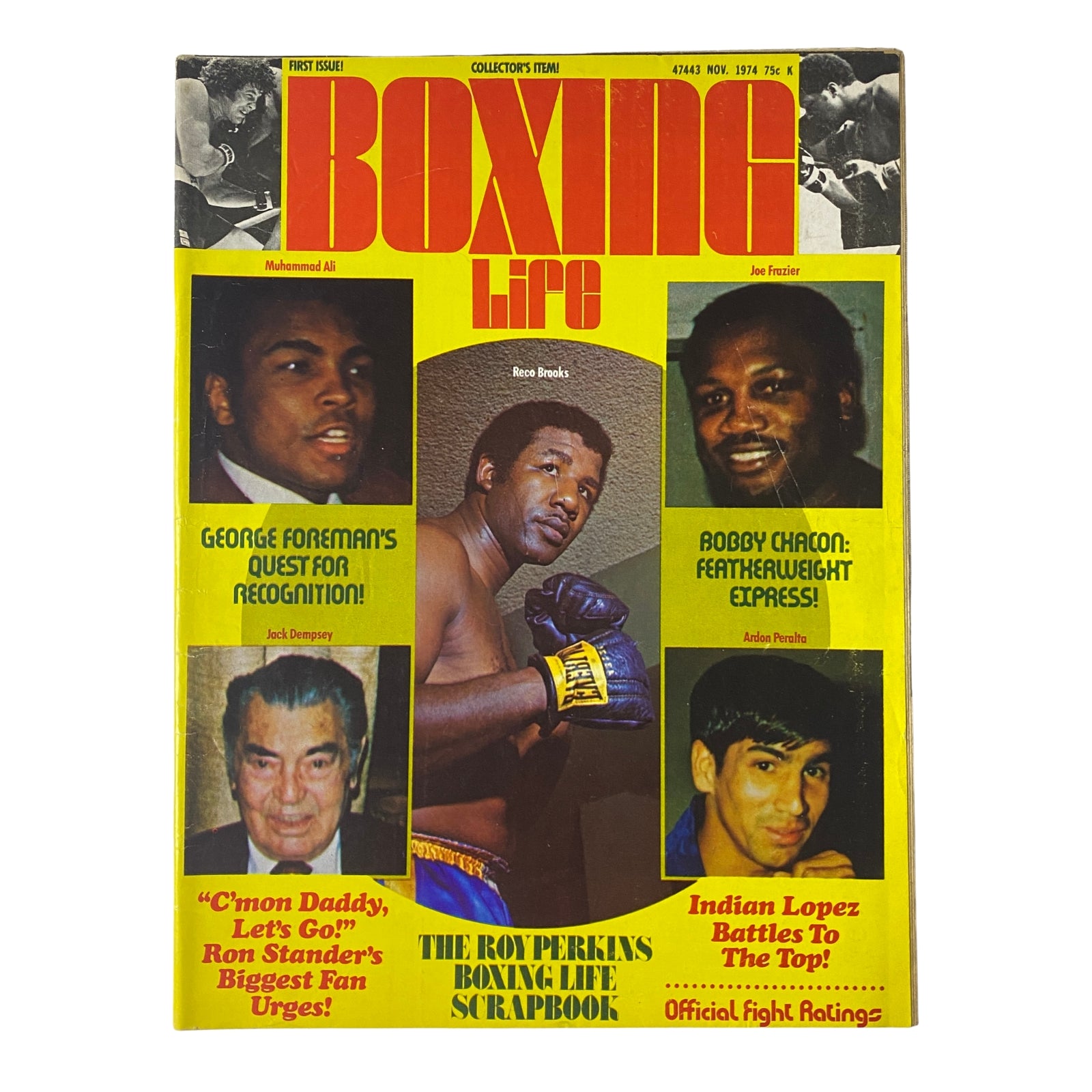 Cover of Boxing Life Magazine, November 1974, featuring Muhammad Ali and Reco Brooks, highlighting articles on George Foreman and Bobby Chacon.
