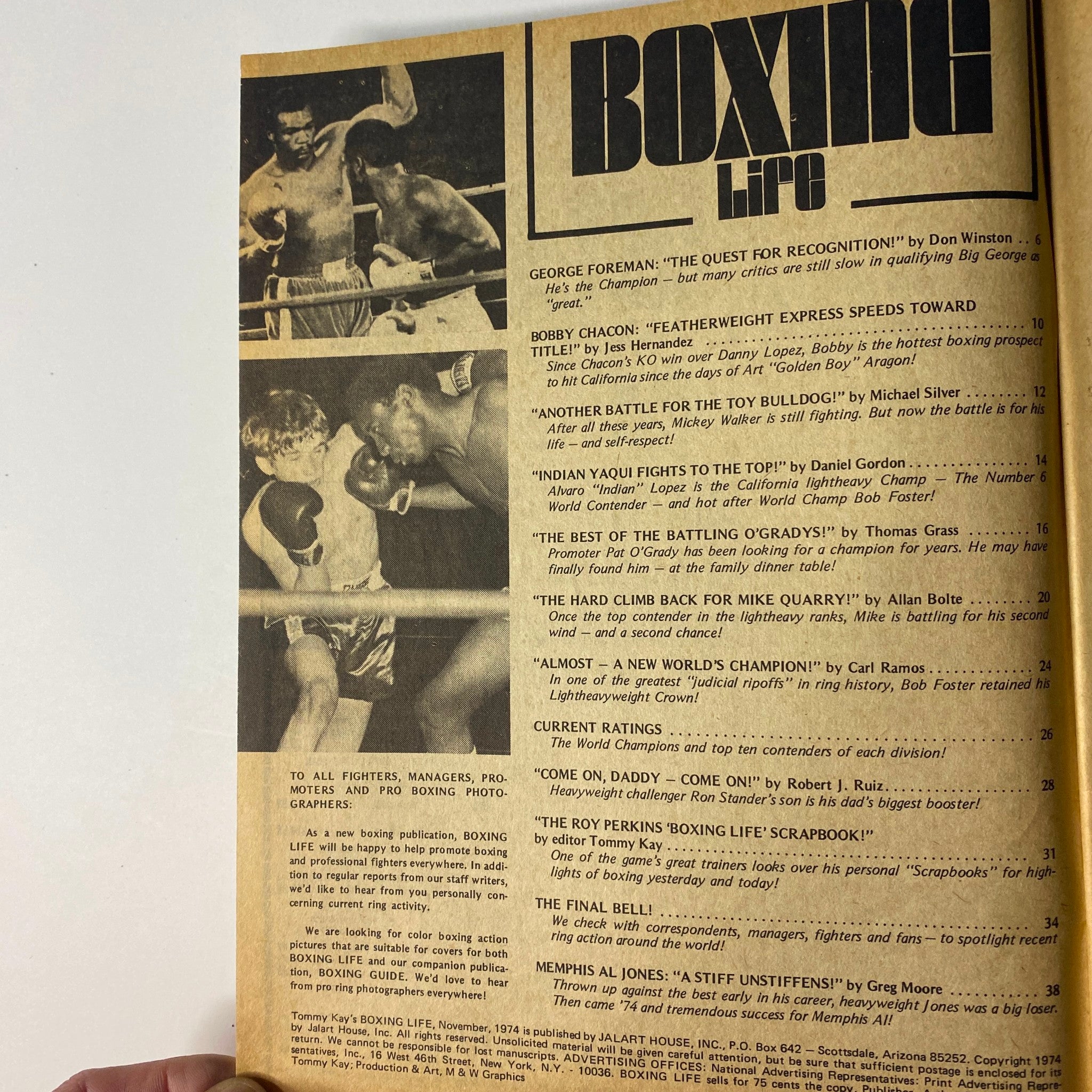 Interior page from Boxing Life Magazine, November 1974, showcasing articles on boxing legends including George Foreman and Bobby Chacon.