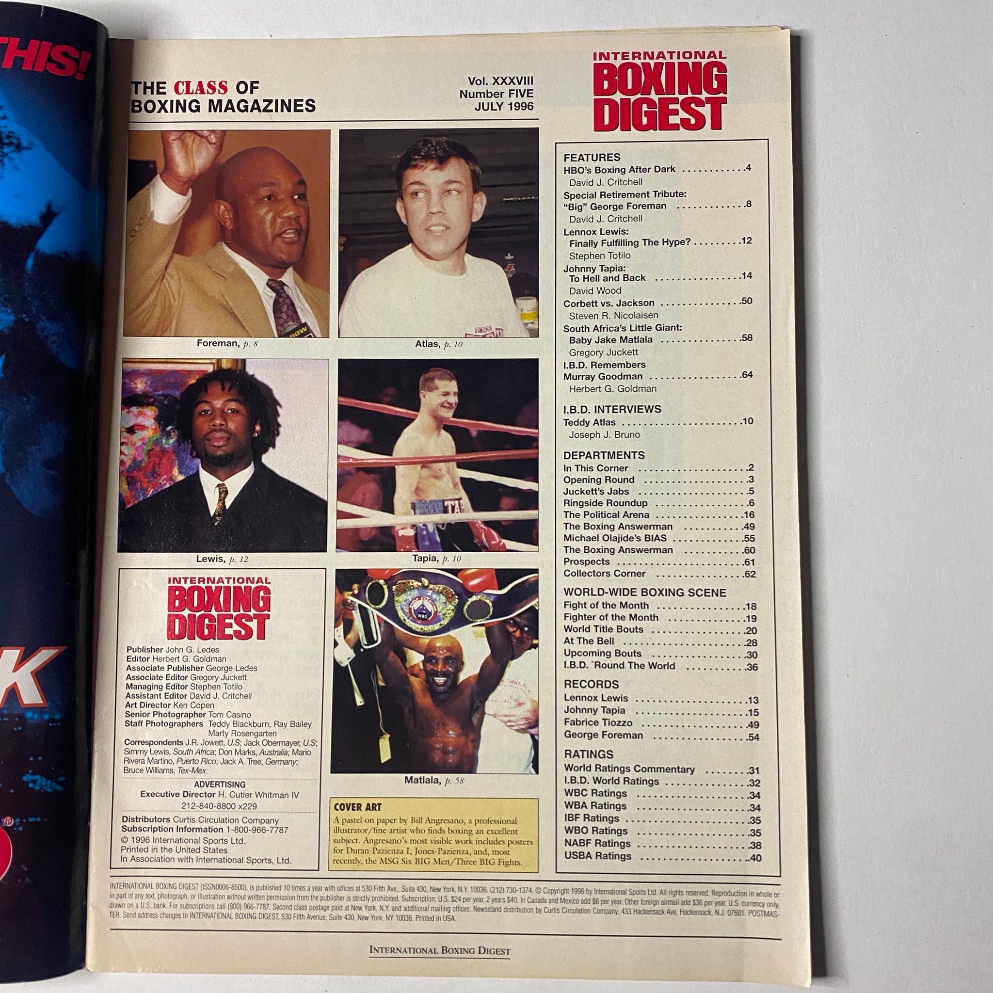 Inside page of International Boxing Digest Magazine July 1996, highlighting features, including profiles of George Foreman, Lennox Lewis, and Baby Jake Matlala.