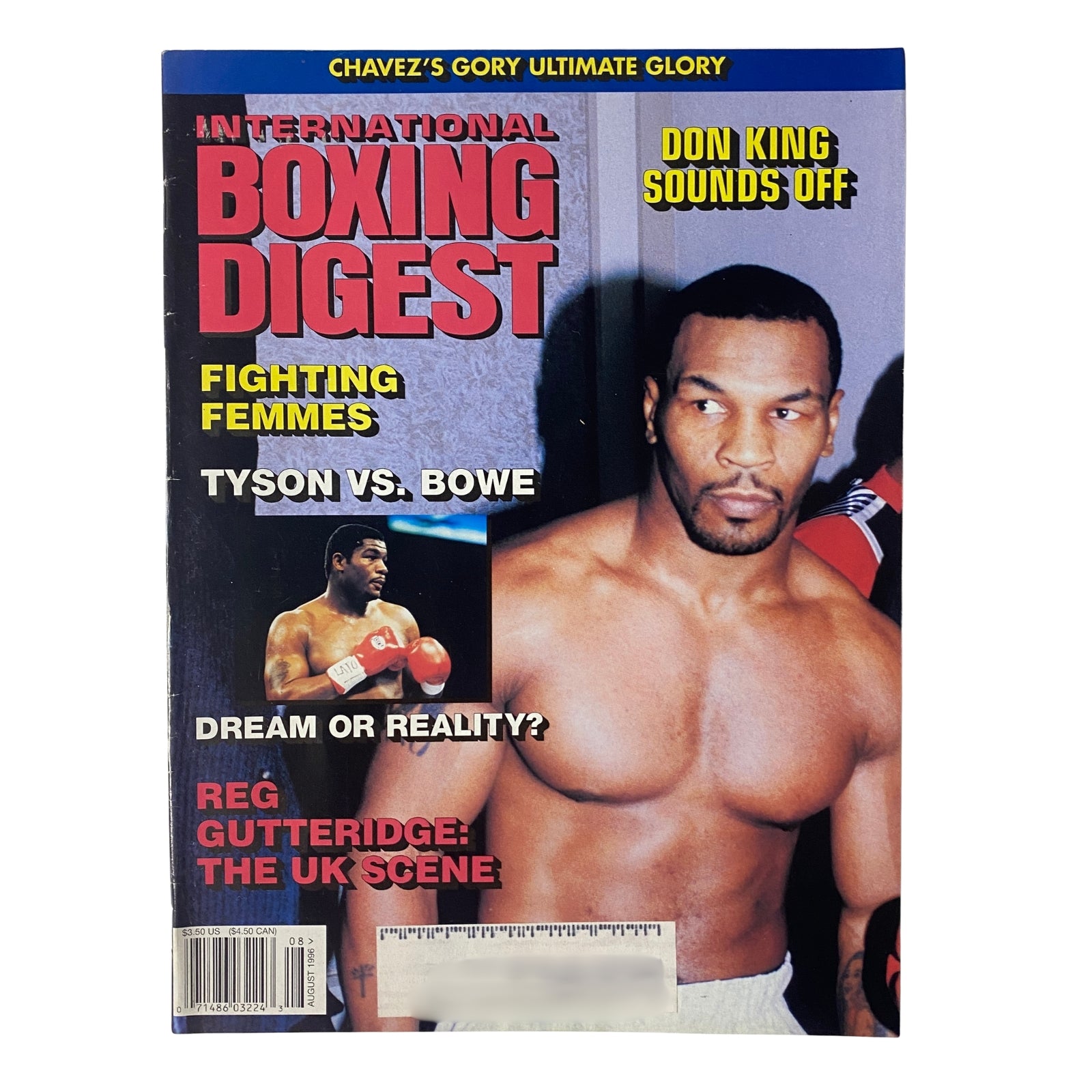Cover of International Boxing Digest Magazine August 1996 featuring Mike Tyson and Riddick Bowe, highlighting 'Tyson vs. Bowe' and articles on boxing events and personalities.
