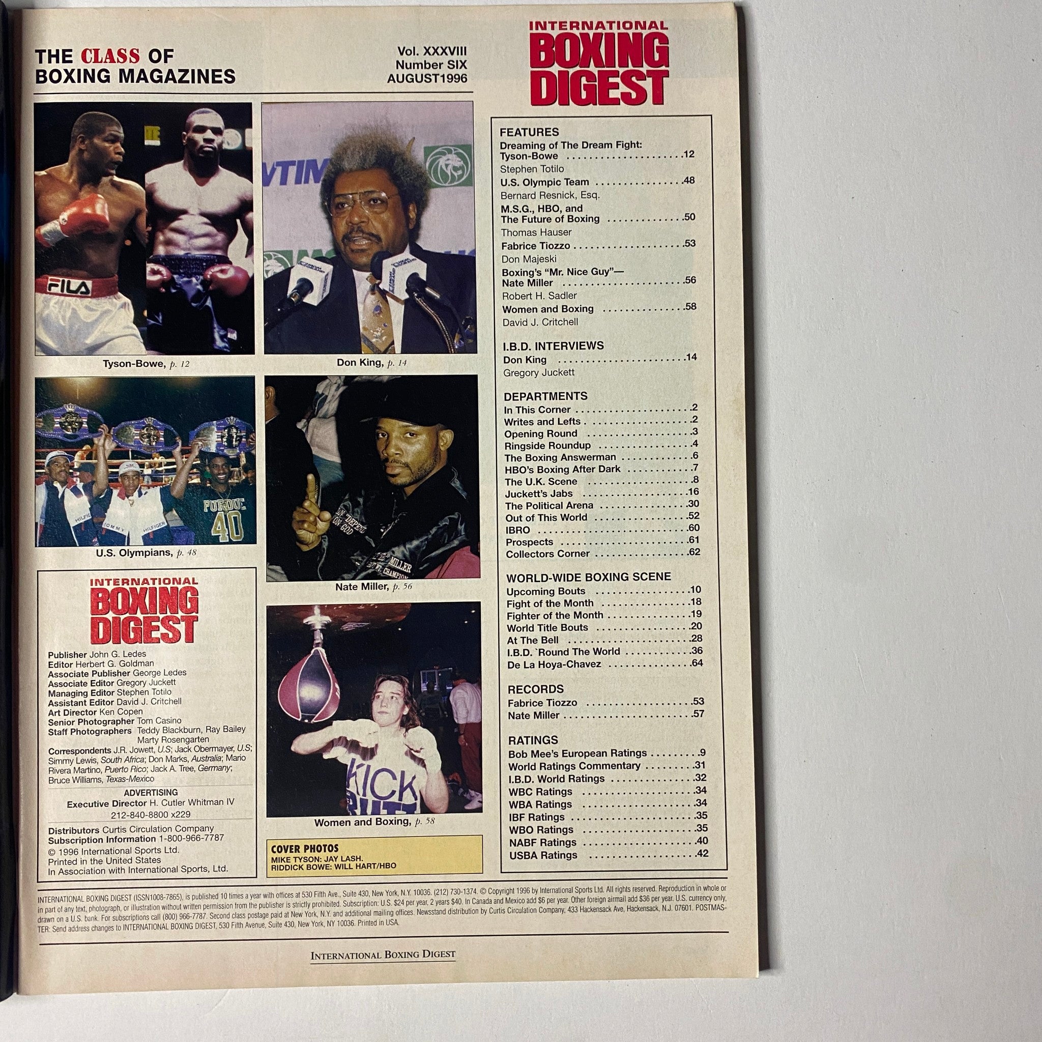Cover of International Boxing Digest Magazine August 1996 featuring Mike Tyson, Riddick Bowe, and Don King, highlighting key articles and boxing events from that era.