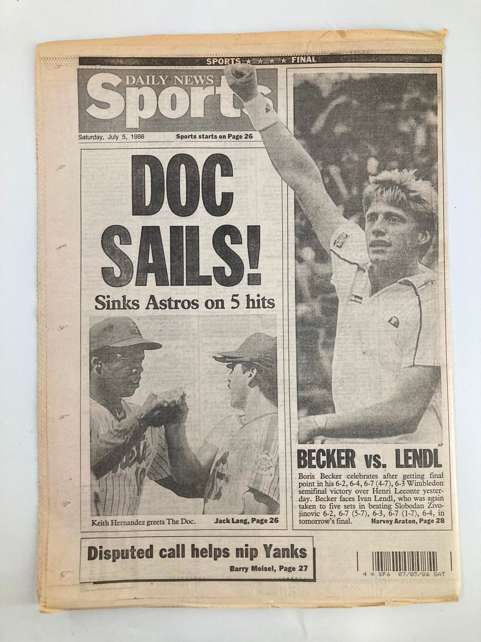 VTG Daily News Sports section July 5 1986 displaying Keith Hernandez and Boris Becker with headlines 'Doc Sails!' and 'Becker vs. Lendl'.