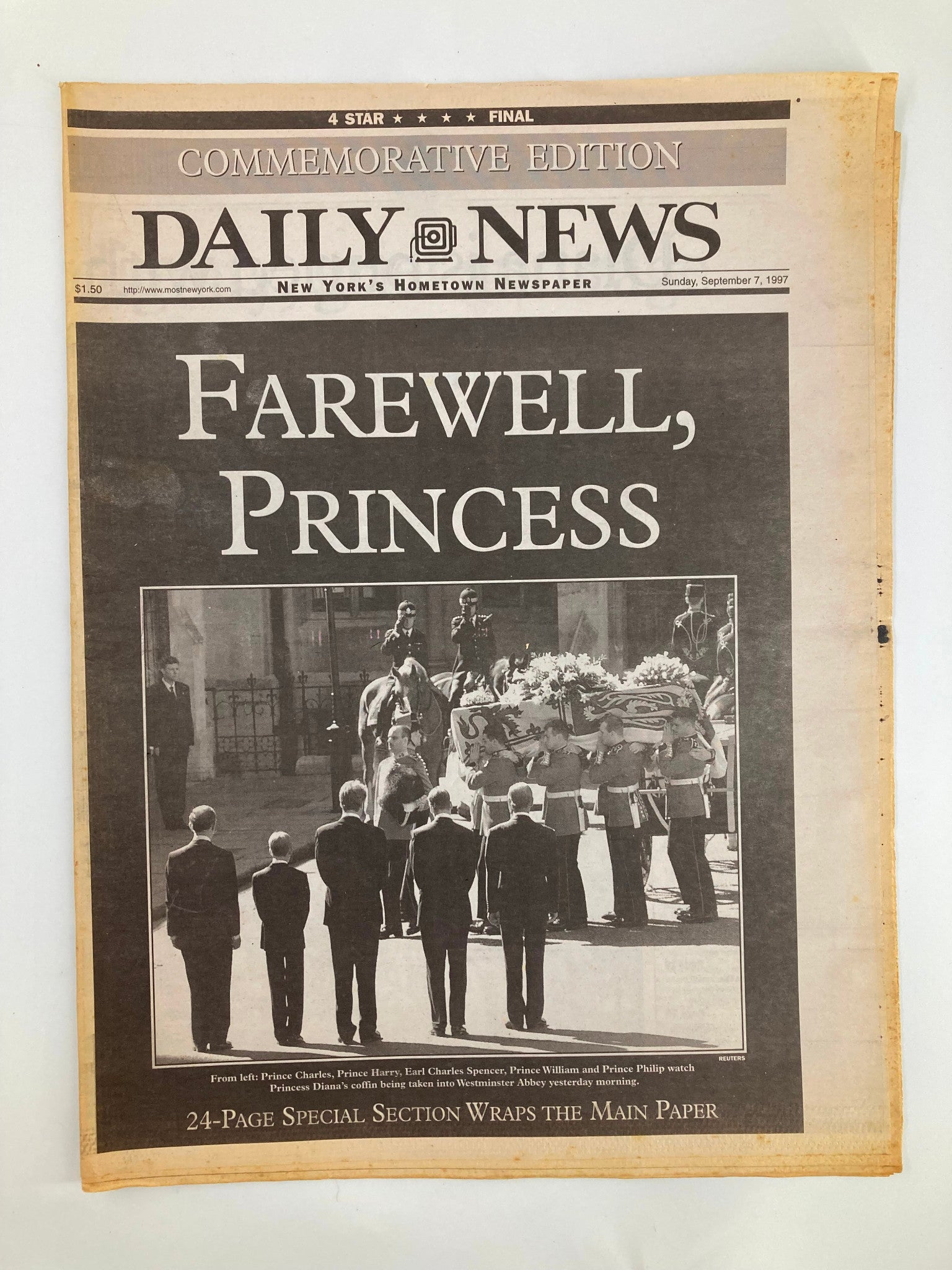 VTG Daily News Newspaper September 7 1997 Farewell Princess Diana cover featuring a solemn photograph of Princess Diana's funeral procession with the coffin being carried, evoking a sense of mourning.
